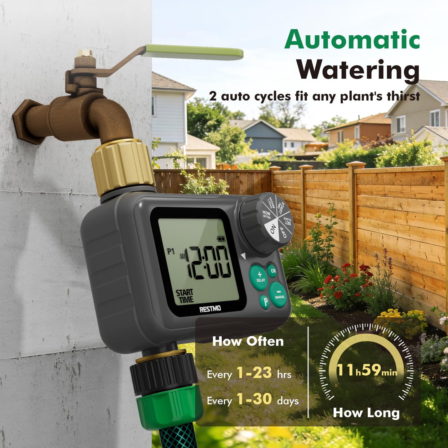 RESTMO Remote Control Brass Sprinkler Timer for Outdoor Hose Faucet, Up to 11h59m Programmable Watering Timer for Soaker Hose, Misting with Large Dial, Rain Delay/Manual/Automatic Irrigation System