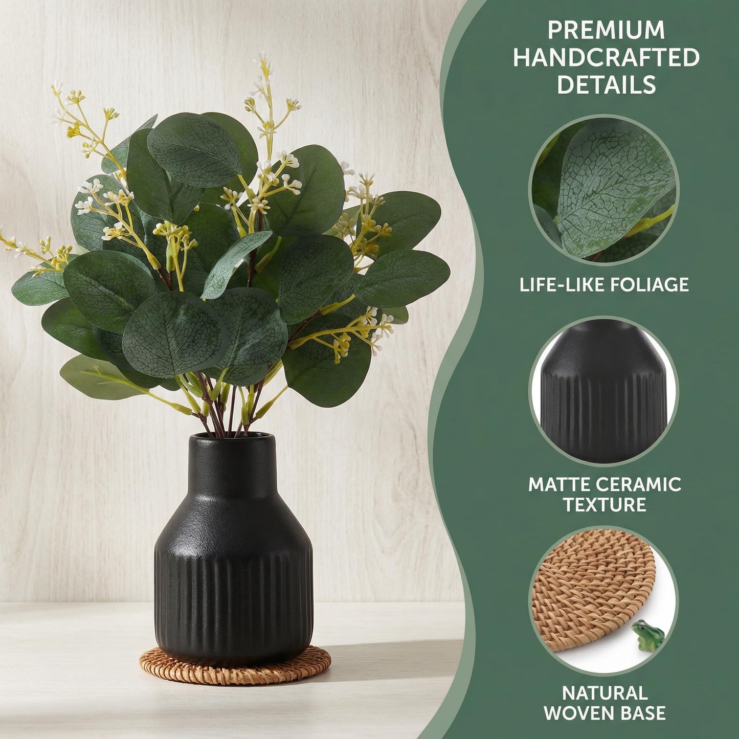 Artificial Eucalyptus Greenery Stems in Ceramic Vase,10Pcs Fake Plants Eucalyptus Leaves faux Plants for Centerpiece Table Decorations Home Room Decor office desk decor Greenery Decor indoor (Black)