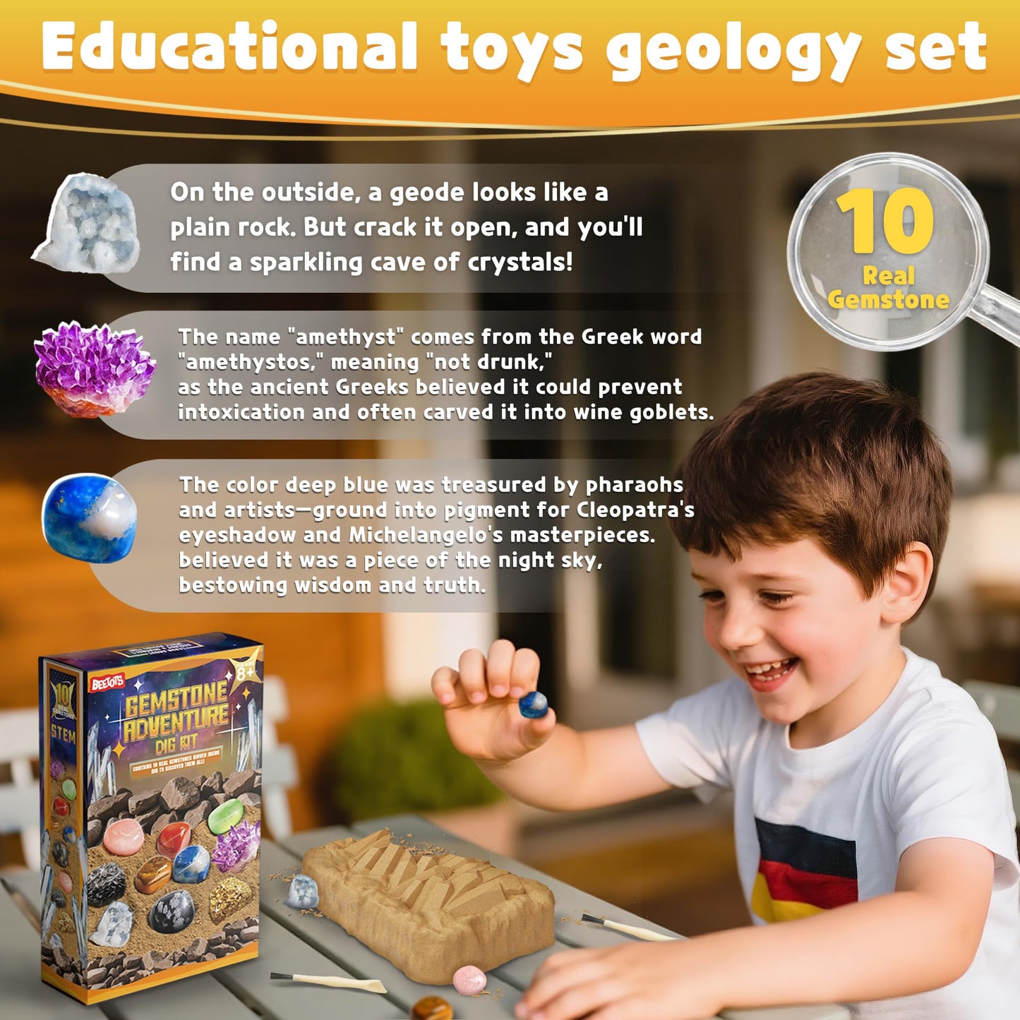 Beetots Gemstone Dig Kit for Kids with 2 Tools, Excavate 10 Real Gems, STEM Science Mining Toy, Educational Gift for Boys and Girls Ages 8-12