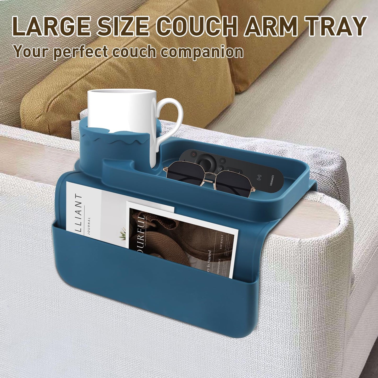 CENELO Silicone Couch Cup Holder - Anti-Slip Sofa Armrest Tray with Cup Holder & 4 Pockets, Large Size Foldable Couch Arm Tray for Cup, Snack, Phone, Tablet, Remote Control, Gifts for Mom Dad