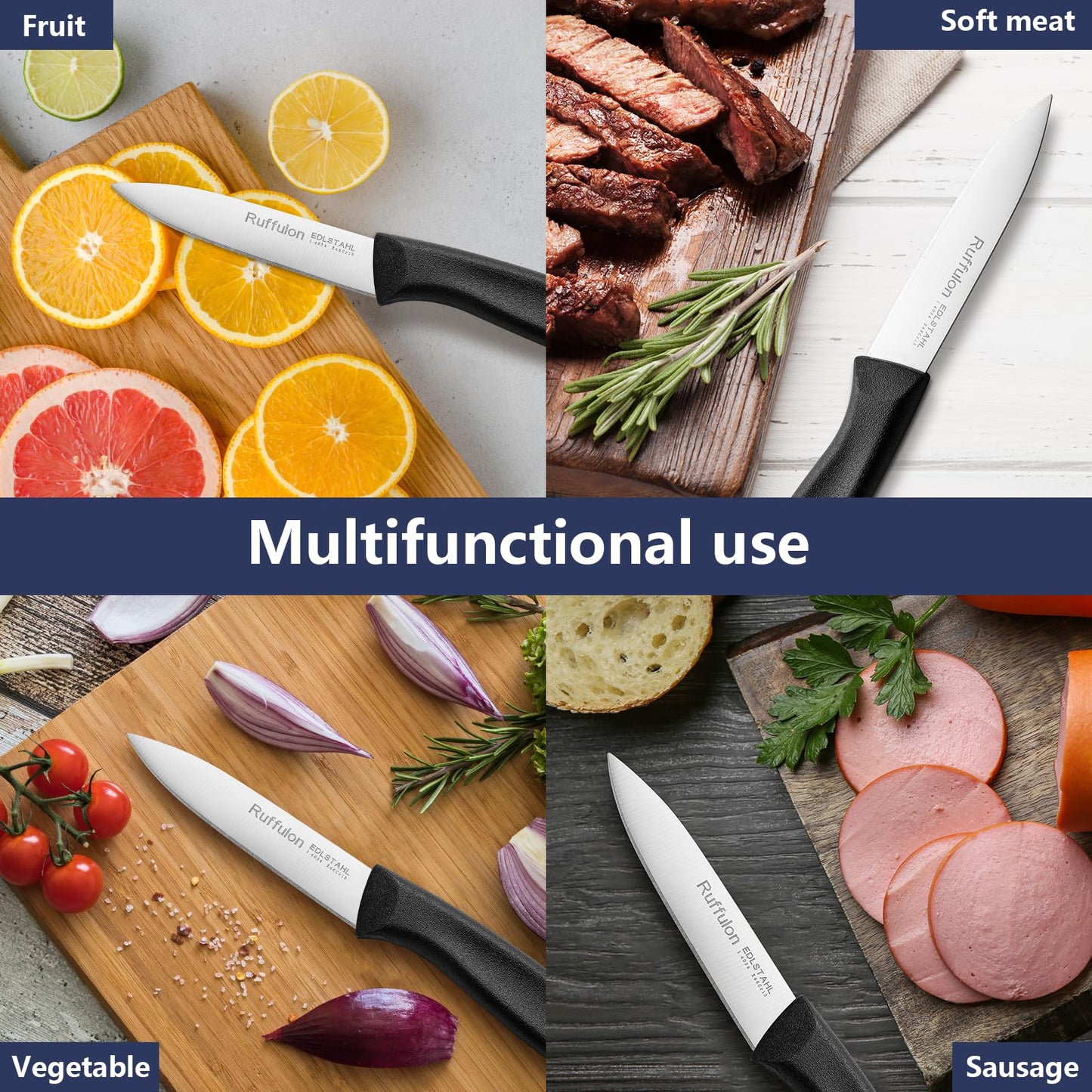 Ruffulon Paring Knife Fruit Knife Set (12 Pieces), Ultra Sharp Stainless Steel Vegetable and Fruit Knife with PP Plastic Ergonomic Handle for Cutting Fruits and Vegetables.