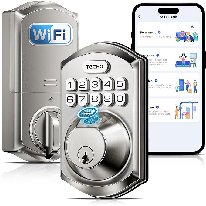 TEEHO TE012W WiFi Smart Lock, Fingerprint Door Lock with Built-in Wi-Fi, Keyless Entry Keypad Smart Deadbolt, App Remote Control, Alexa Compatible, IP55 Waterproof for Front Door – Satin Nickel