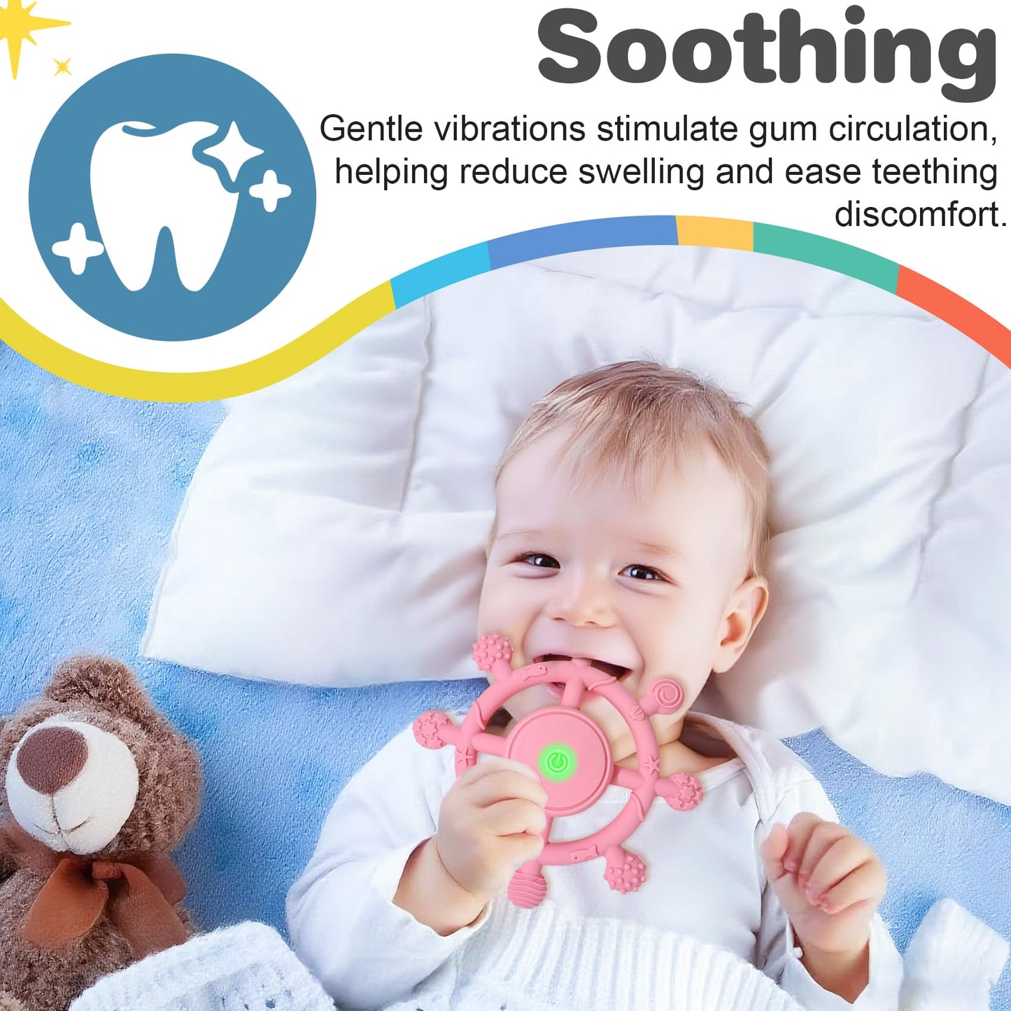 YOFUN 3-Speed Vibrating Baby Teether – Soothing Silicone Teething Toy for Infants 3M+, Food-Grade, USB Rechargeable – Soft & Safe Gum Relief for Babies (Pink)