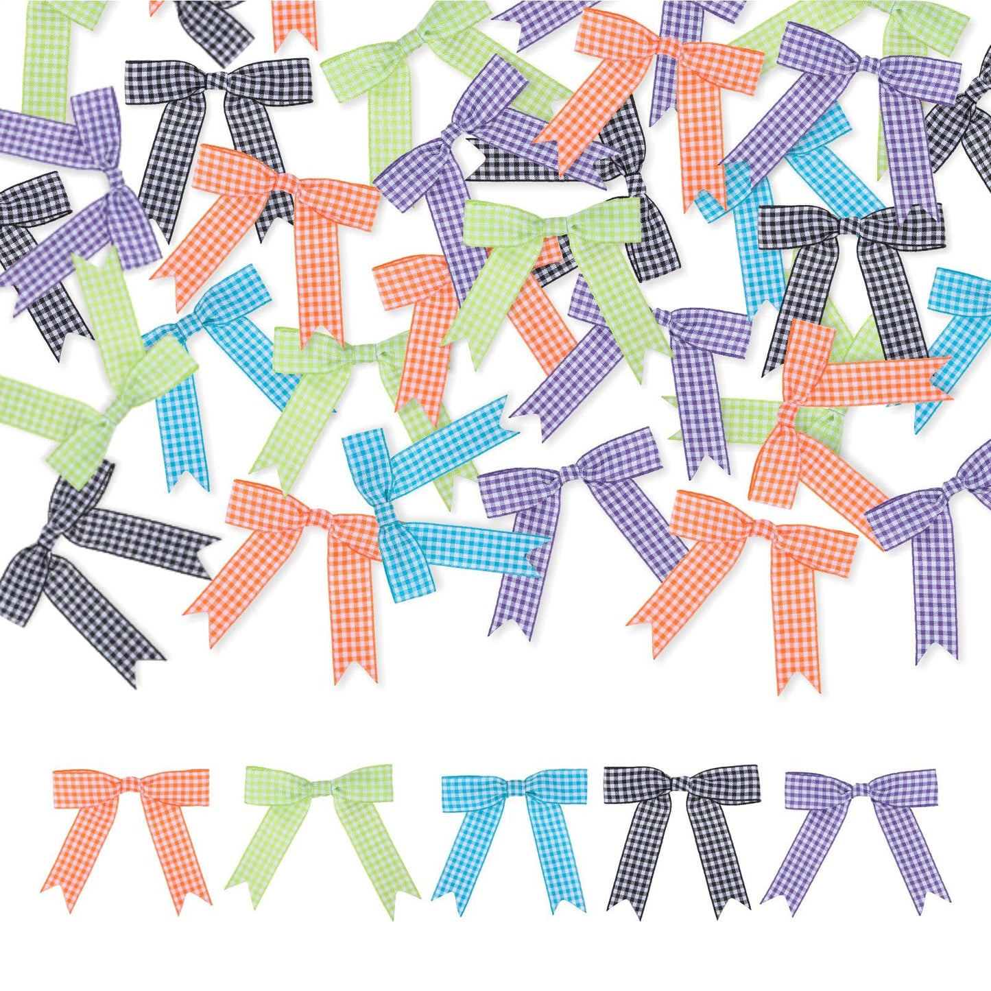 Meseey 50 Pcs Gingham Ribbon Bows with Twist Tie 3" Black Purple Turquoise Blue Neon Green Orange Premade Bows for Gift Wrapping Basket Wedding Baby Shower Brithday Party (3", Halloween)