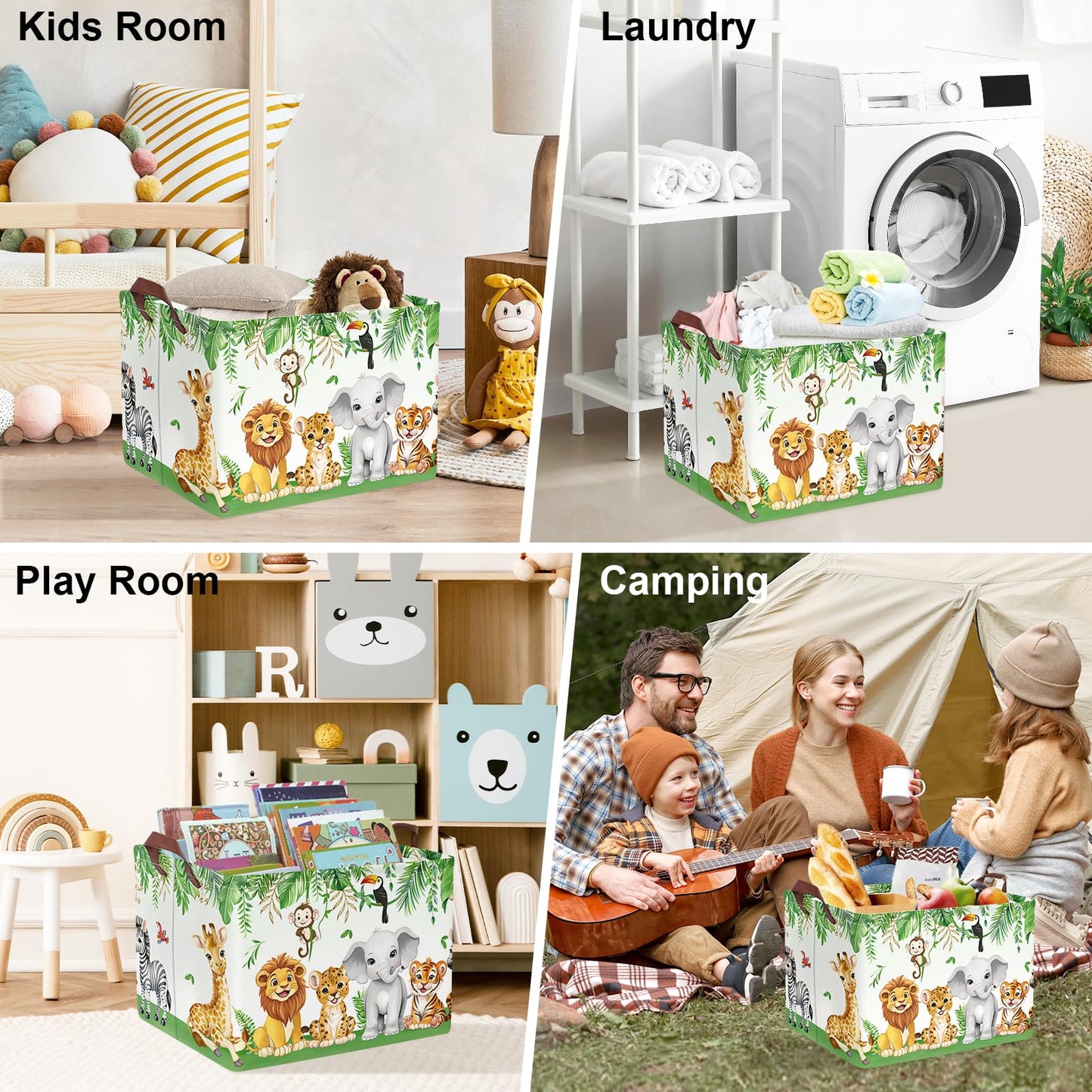 Clastyle Safari Animal Laundry Basket Leaf Kids Clothes Book Storage Basket Gift Toy Box for Bedroom Decor,Elephant Lion Giraffe,40x30x30 cm