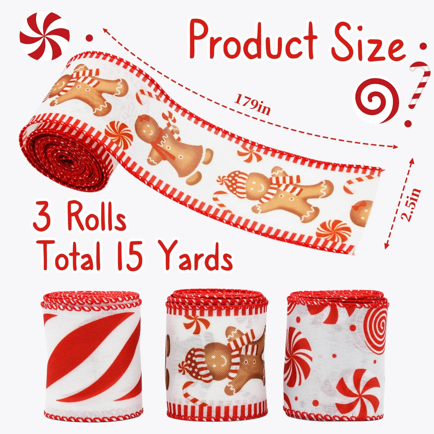 CRAFLOX Christmas Gingerbread Wired Ribbon for Wreath Bows, 3 Rolls, 2.5″ Wide, 15 Yards Total, Red Gingerbread Candy Wired Ribbon for Crafts Supplies, DIY Bows