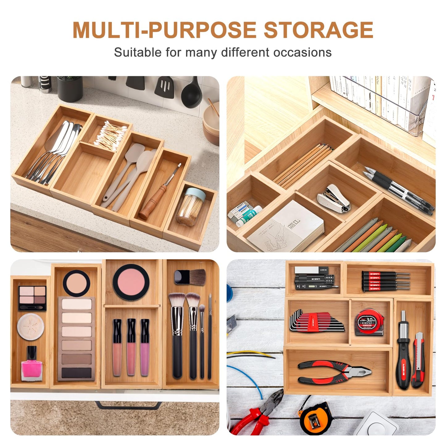 Bamboo Drawer Organizer 5 Pcs for Kitchen Multi-purpose Storage Dividers for Kitchen, Office, Jewelry, Cosmetics, Wooden Drawer Dividers for Drawer Organizer Desk Organizer Gift for Women Gifts Idea