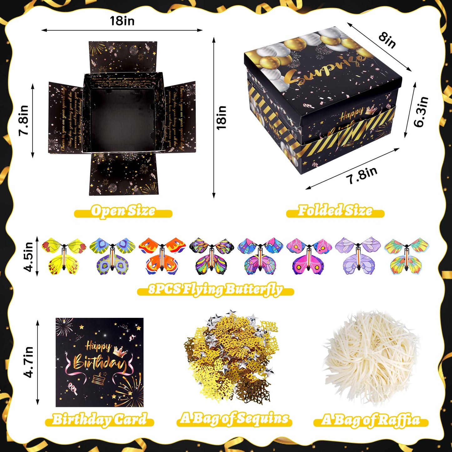 FVNPIHAM Surprise Gift Box Explosion, Birthday Flying Butterfly Explosion Gift Box with 8 Colorful Butterfly Sequins Raffia, Exploding Gifts Boxs for Birthday Gifts Wrapping