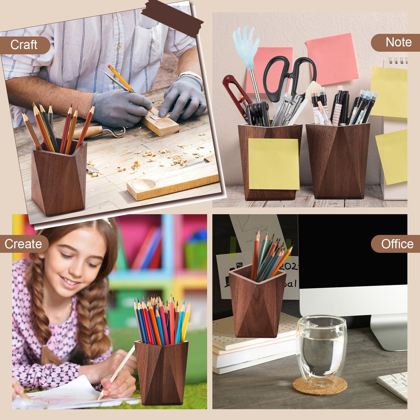 Henoyso 2 Pcs Wood Pen Pencil Holder Geometric Pencil Cup Stand Makeup Organizer for Pen Holder Desk Home Office Adults(Black Walnut)