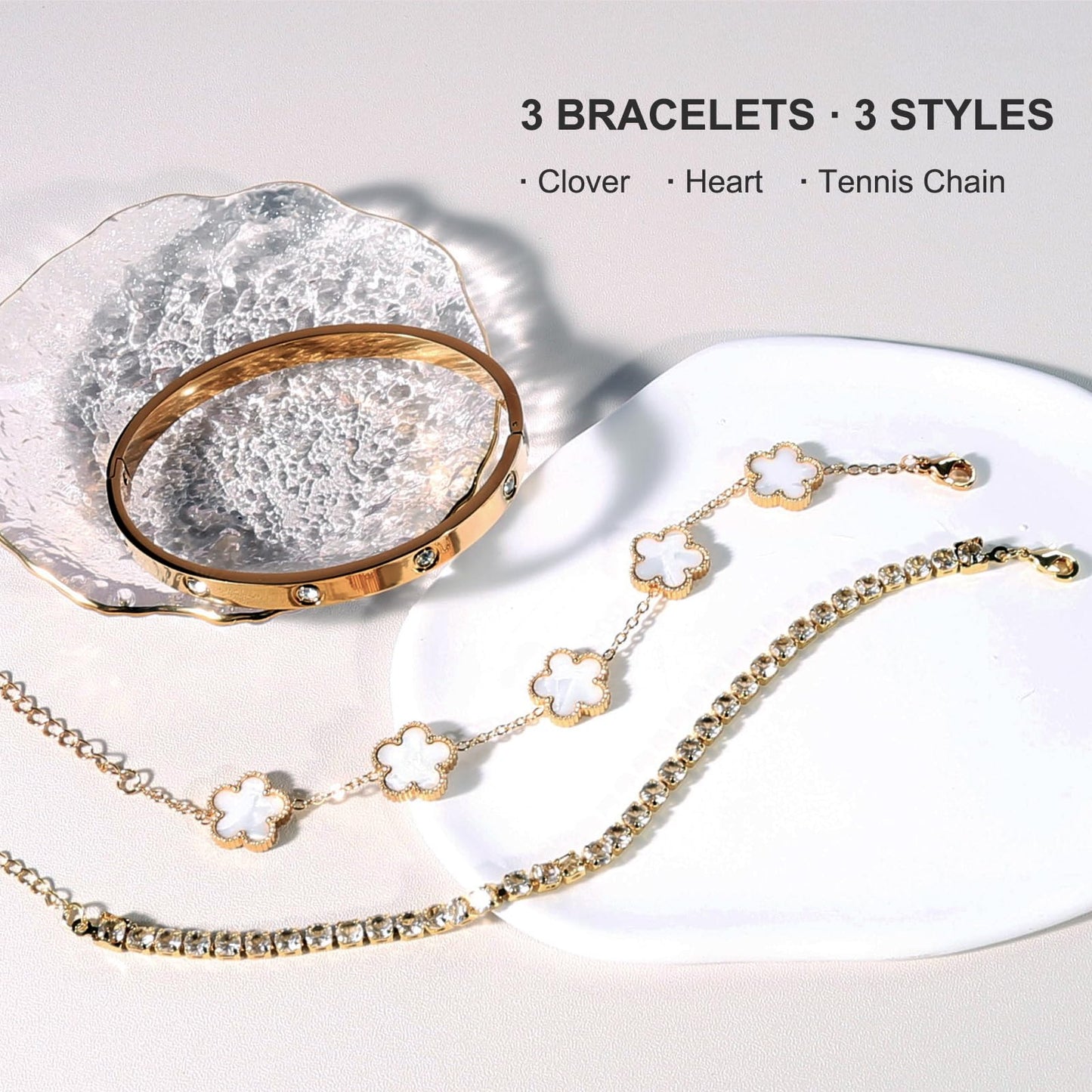 YOUNGGRACE 18K Gold Plated Bracelet Sets for Women - 3PCS Stackable Bracelets Including Bangle, Tennis Chain & Four Leaf Clover Bracelet, Elegant Gold Jewelry Set for Everyday Wear, Gift for Her