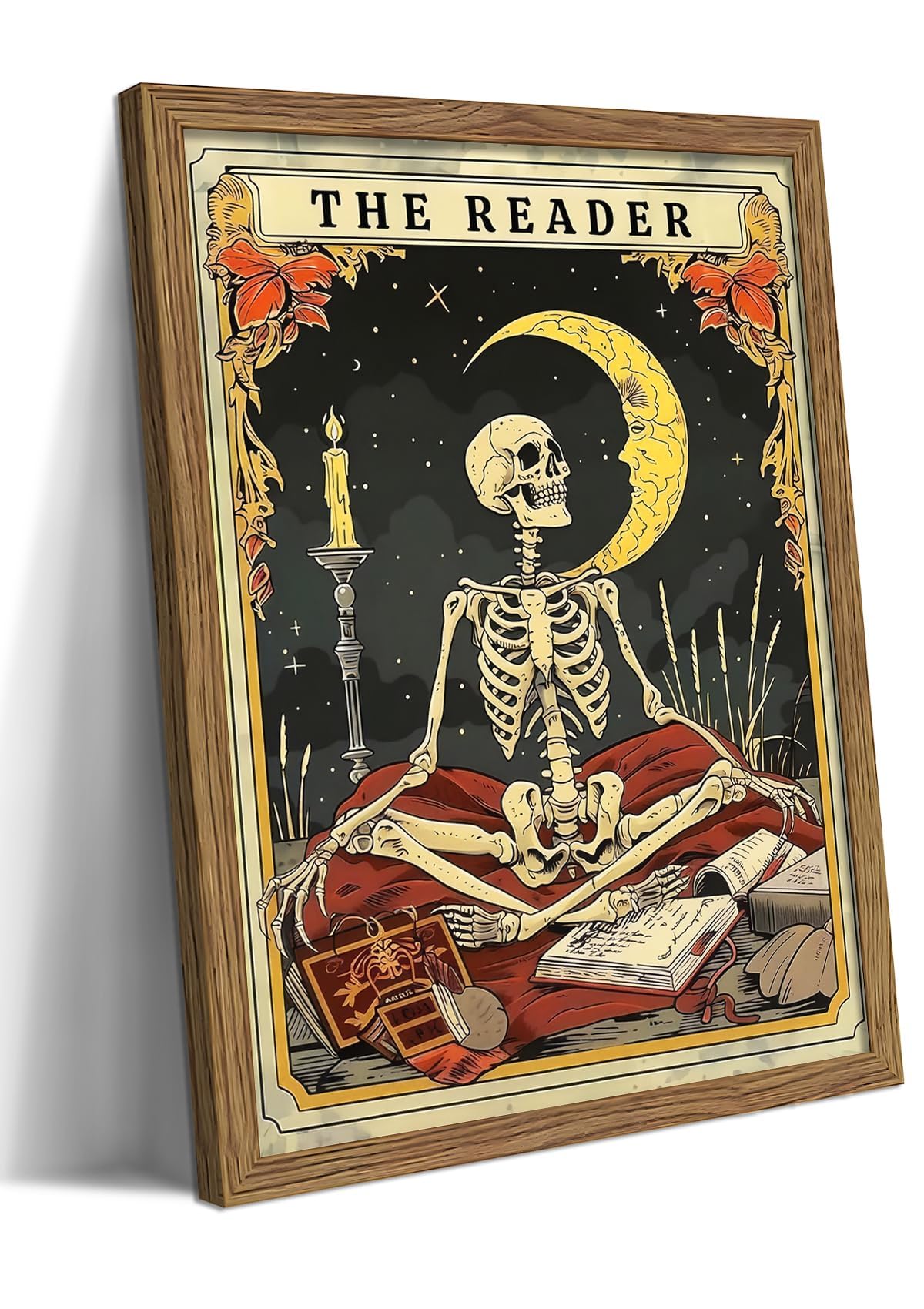 Framed The Reader Tarot Canvas Wall Art, Skeleton Reader Tarot Card Pictures Wall Decor, Bookish Witchy Library Poster Print Artwork for Witchy Reading Nook Book Lover Gift 8x10 inch