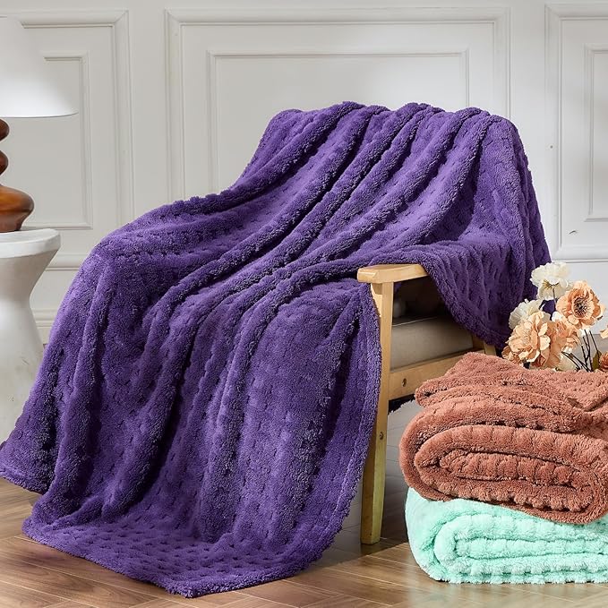 NEWCOSPLAY Super Soft Twin Blanket Purple Premium Silky Flannel Fleece 3D Waffle Checkered Lightweight Bed Blanket All Season Use (Dark Purple, Twin(60"x80"))