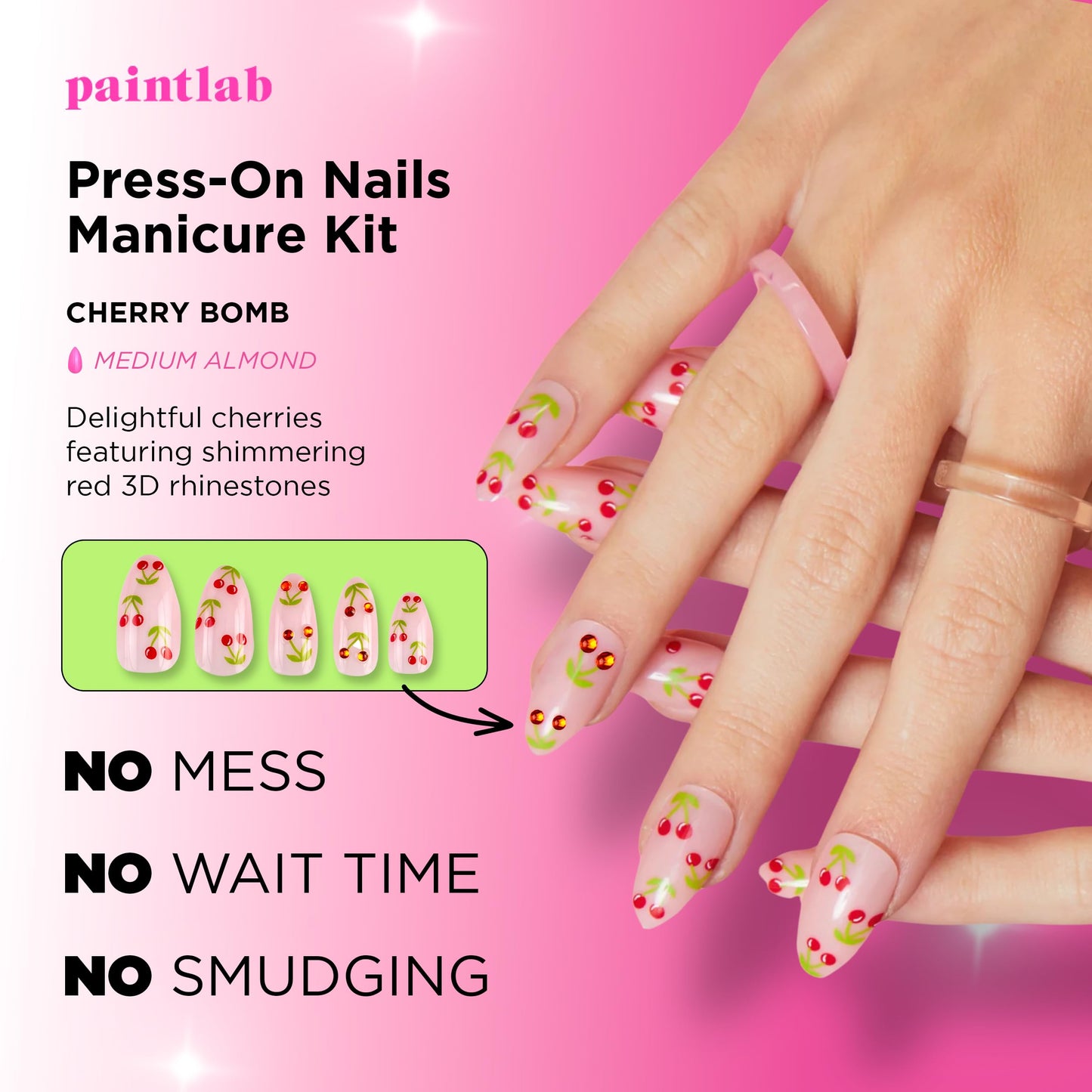 PaintLab Press On Nails - Cherry Bomb Almond Fake Nails, 30 Nails in 15 Sizes with Glue, Reusable Salon Quality Press On Nails