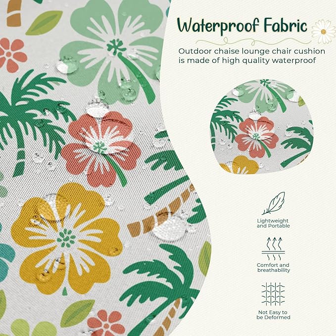 Outdoor Chaise Lounge Chair Cushion 75.1 x 22.8 x 4.7 Inches 100% Waterproof Replacement Cotton Patio Pool Lounge Chair Cushion for Outdoor Furniture with Ties, Green Coconut Tree