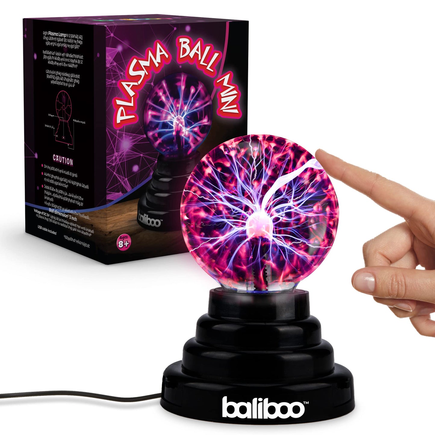 BALIBOO 3" Mini Plasma Ball Light – Touch Activated Lightning Globe – USB and Battery Powered Plasma Globe Lamp – Interactive Science Static Electricity Ball