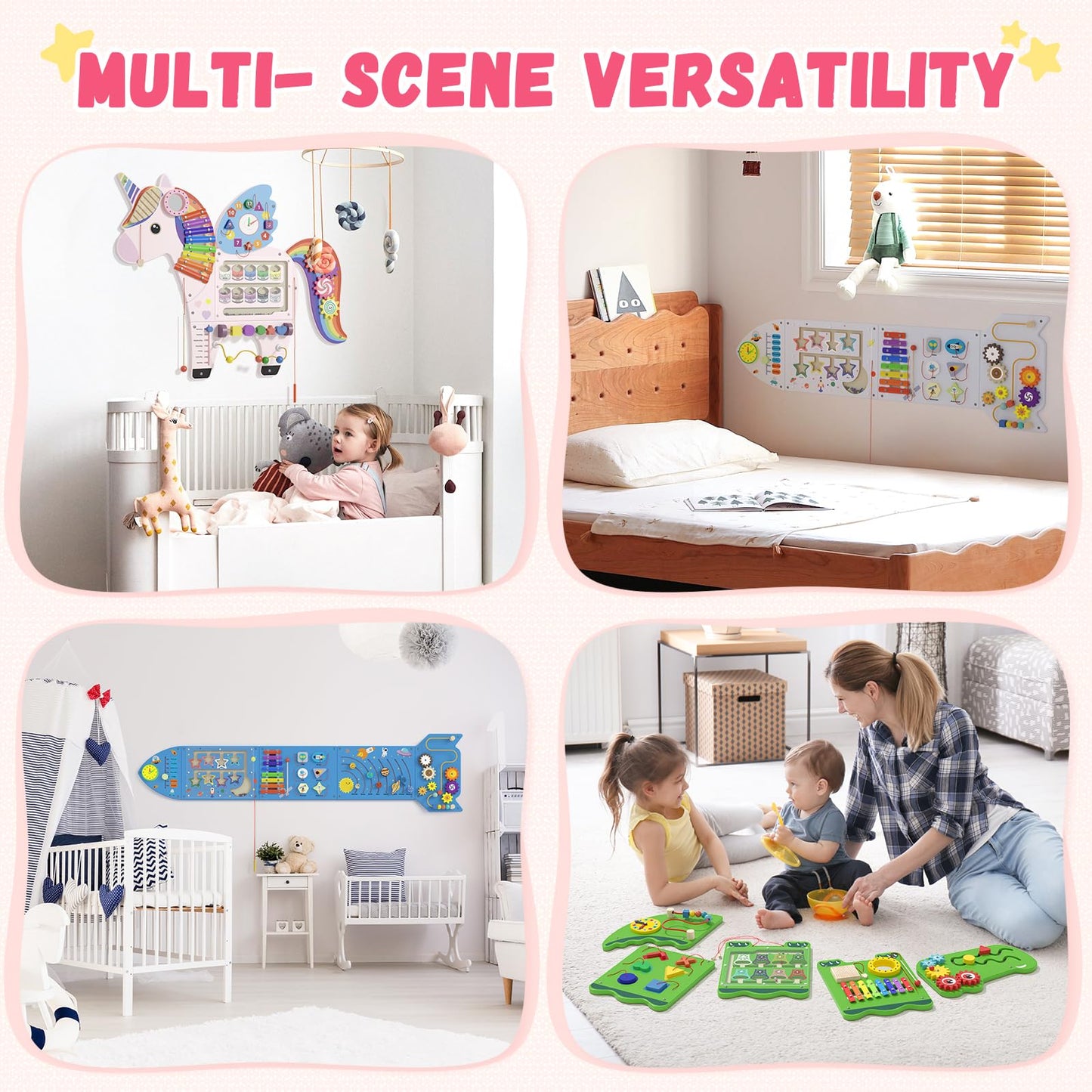Spacocld Unicorn Activity Wall Busy Board Panels - Sensory Wall Panel for Kids, Montessori Toddler Wall Activity Board, Wall Toys for Toddlers 3, Activity Cube, Perfect for Toddler Playroom, Pink