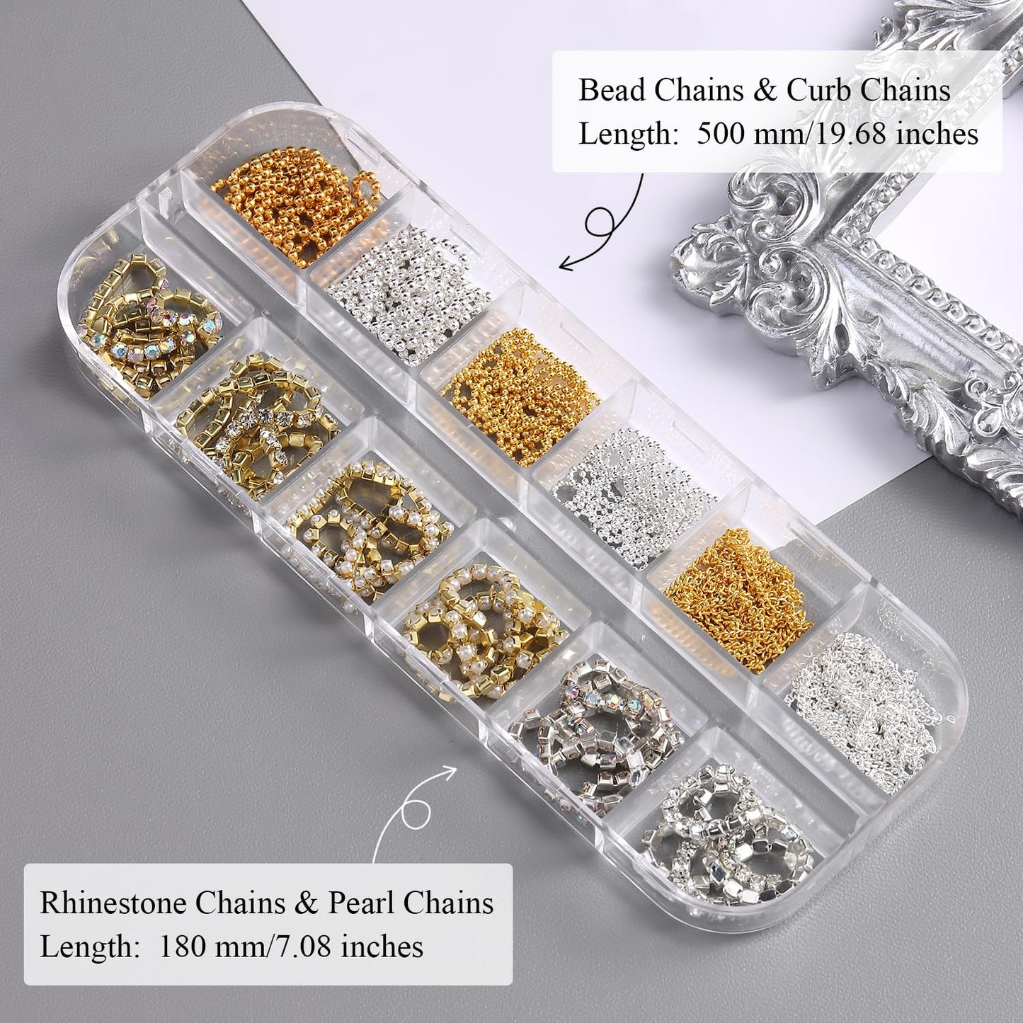 Furtherpretty 3D Chain Nail Charms Set, 12 Strips Gold Silver Metal Bead & Pearl Rhinestone Chains for Nails, Y2K Gothic Punk Dangle Nail Charms Piercing Decorations Accessories Manicure Supplies