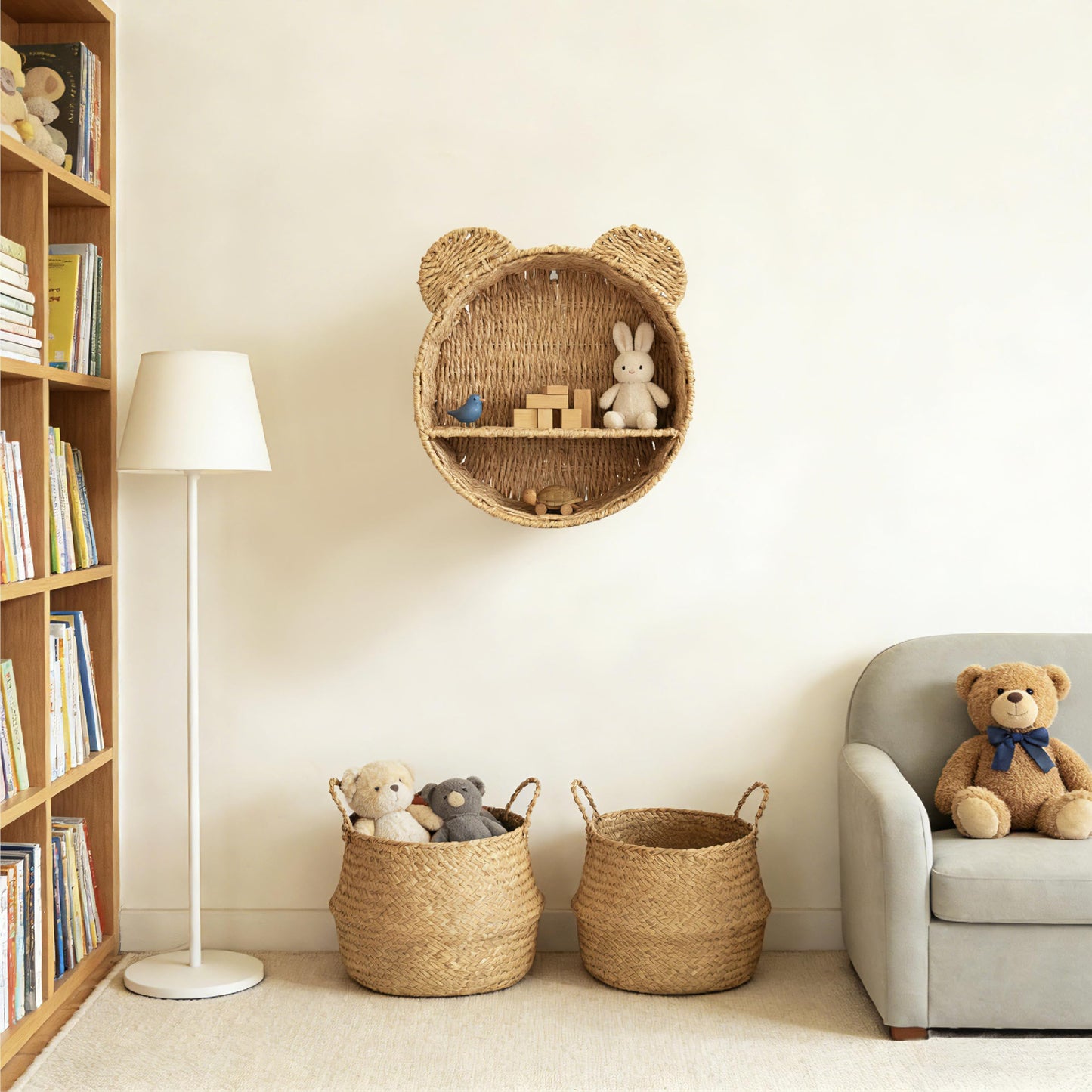 seicasaya Bear Shaped Floating Wall Shelf Handwoven Natural Paper Rope Nursery Decor for Kids Room (Natural)