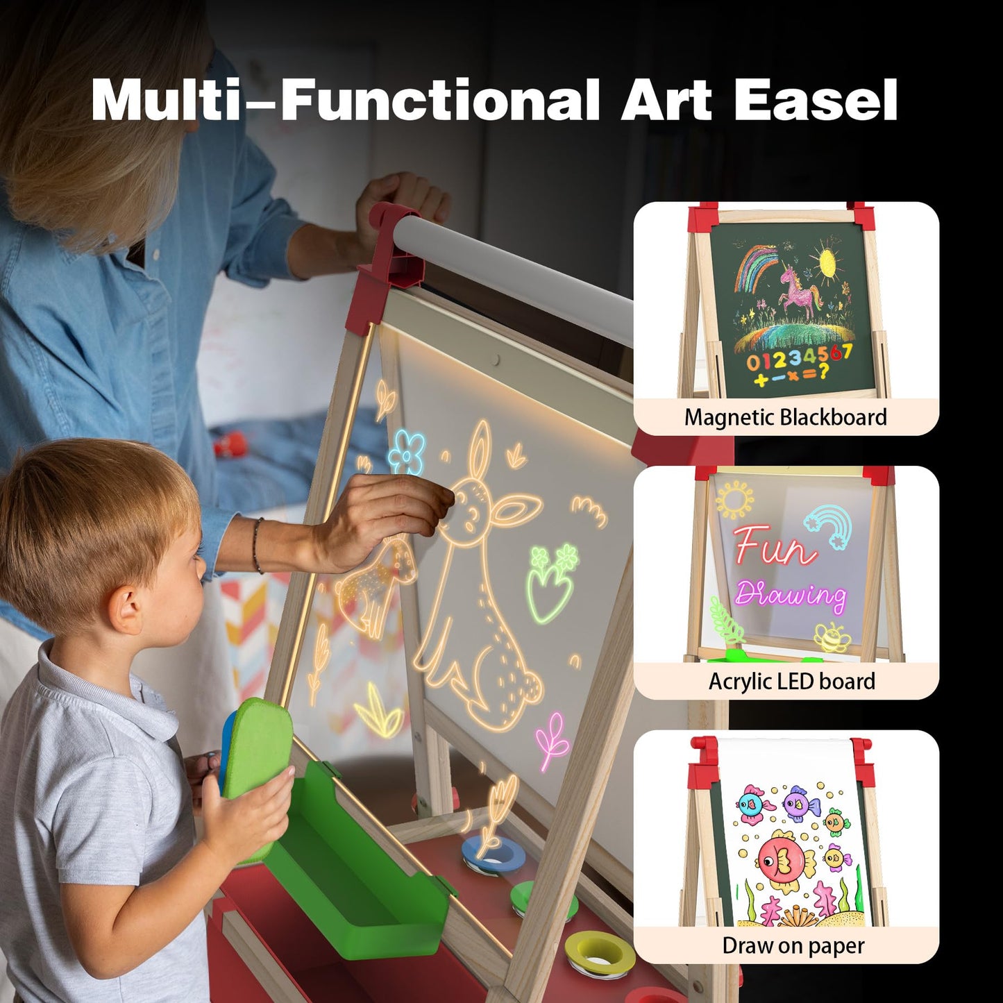 JOYOOSS LED Easel for Kids Ages 4-8 Easels for Toddlers Art Kids Easel Ages 8-12 Light Up Wooden Drawing Easels Magnetic Black Board with Paper Roll for Kid LED Dry Erase Board