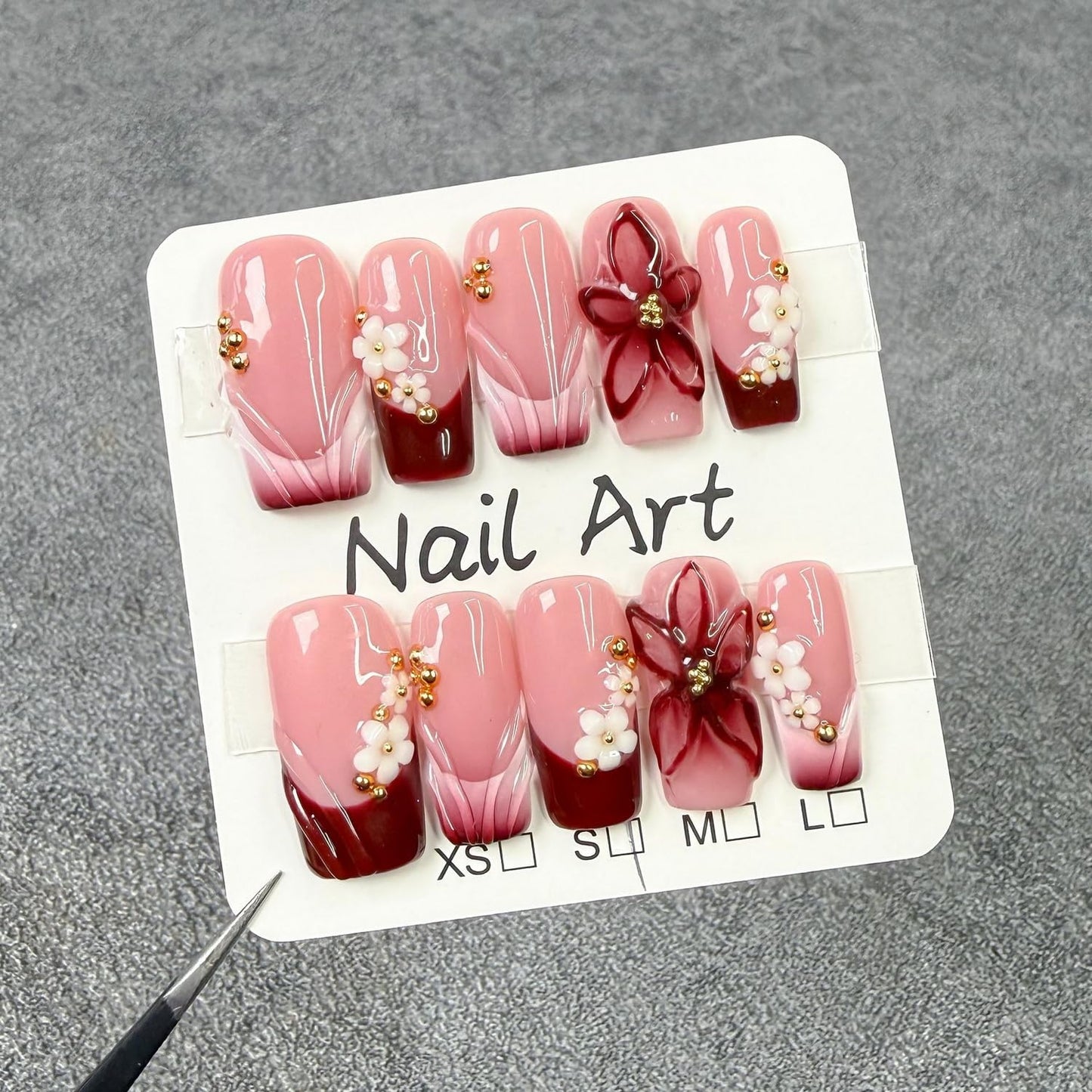 10 Pcs Handmade Press on Nails Gradient French Tip Acrylic Nails Medium Square Fake Nails with 3D Flower Design Full Cover Artificial Stick on False Nail for Women (M)