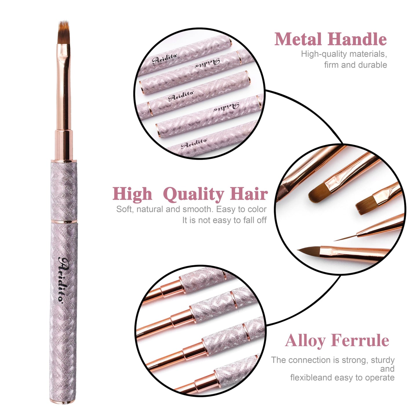 Aridito 5pcs new shiny leather case with metal handle and cap gel nail art brushes professional tools for High-end nail salon use