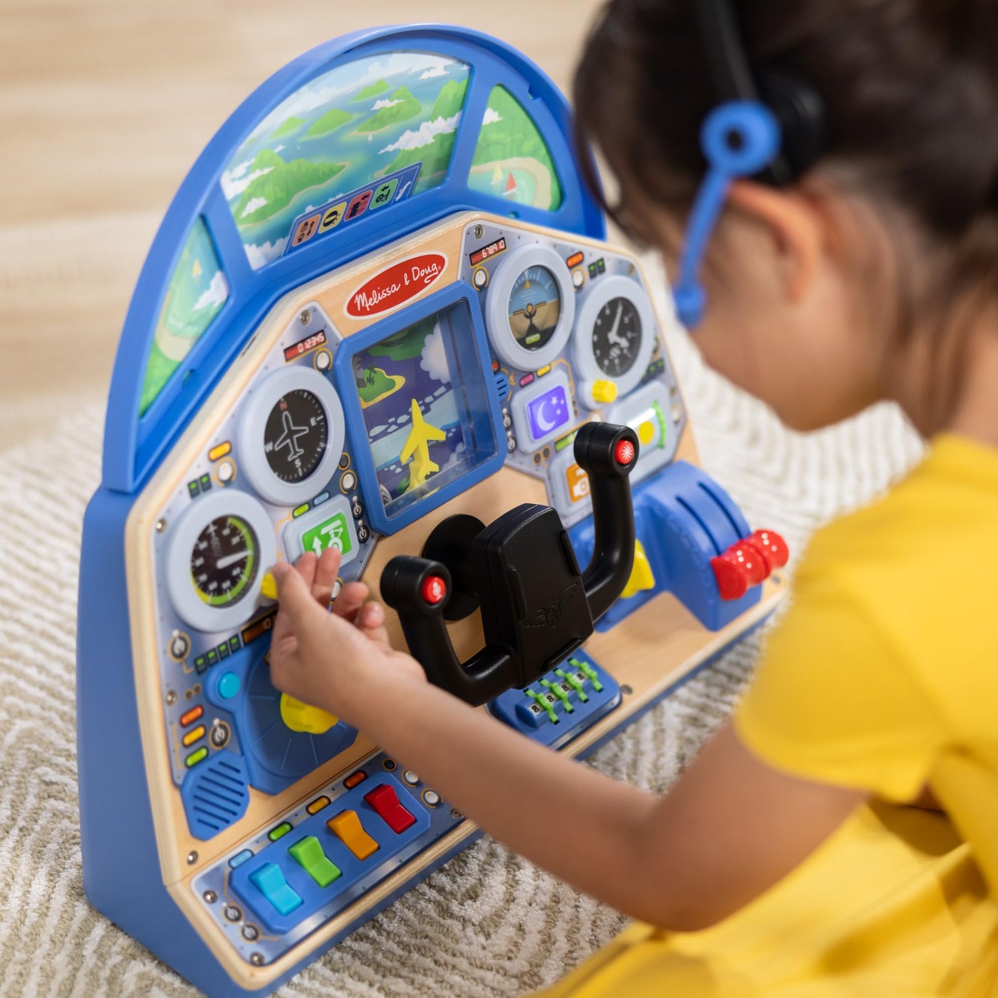 Melissa & Doug Jet Pilot Interactive Dashboard Wooden Toy for Boys and Girls Ages 3+ Cockpit Steering Wheel Pretend to Fly Experience, Fidget Buttons - FSC Certified