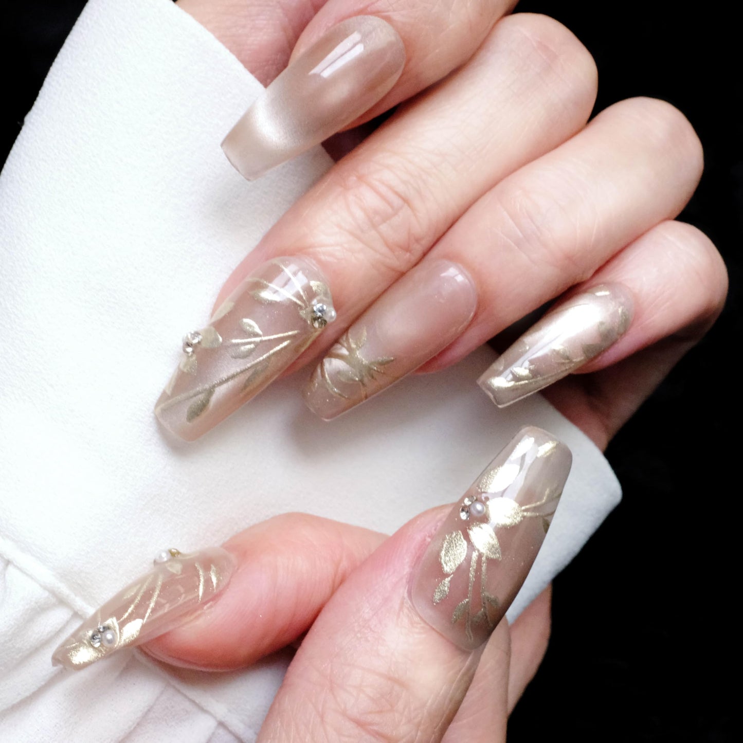 GLORS Nude Press-on Nails, Long Ballerina Shape, Gold Floral Design with Pearls, Handmade False Nail 10 Pieces (Small,LB)