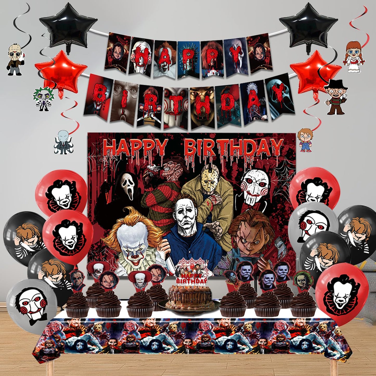 Mtgluk Horror Birthday Party Decorations Kit – 38 Pcs Halloween Themed Supplies with Banner, Backdrop, Tablecloth, Balloons & Cake Toppers for Spooky Celebrations