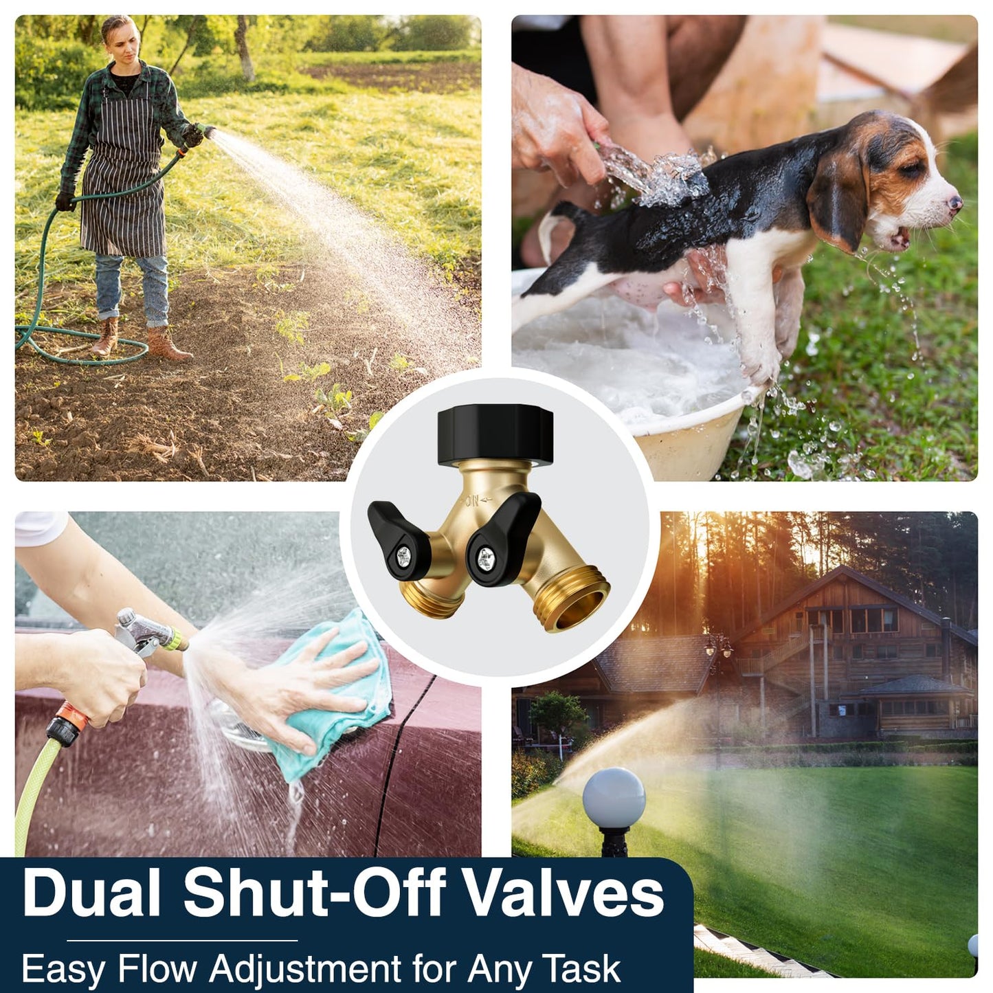 DBR Tech® Heavy Duty 2 Way Hose Splitter (Premium Brass for Superior Durability), Wye Garden Hoses Connector for Water Spigot Faucet Bib Tap, Double Shut Off Valve, Y Adapter, Rust-Resistant Finish