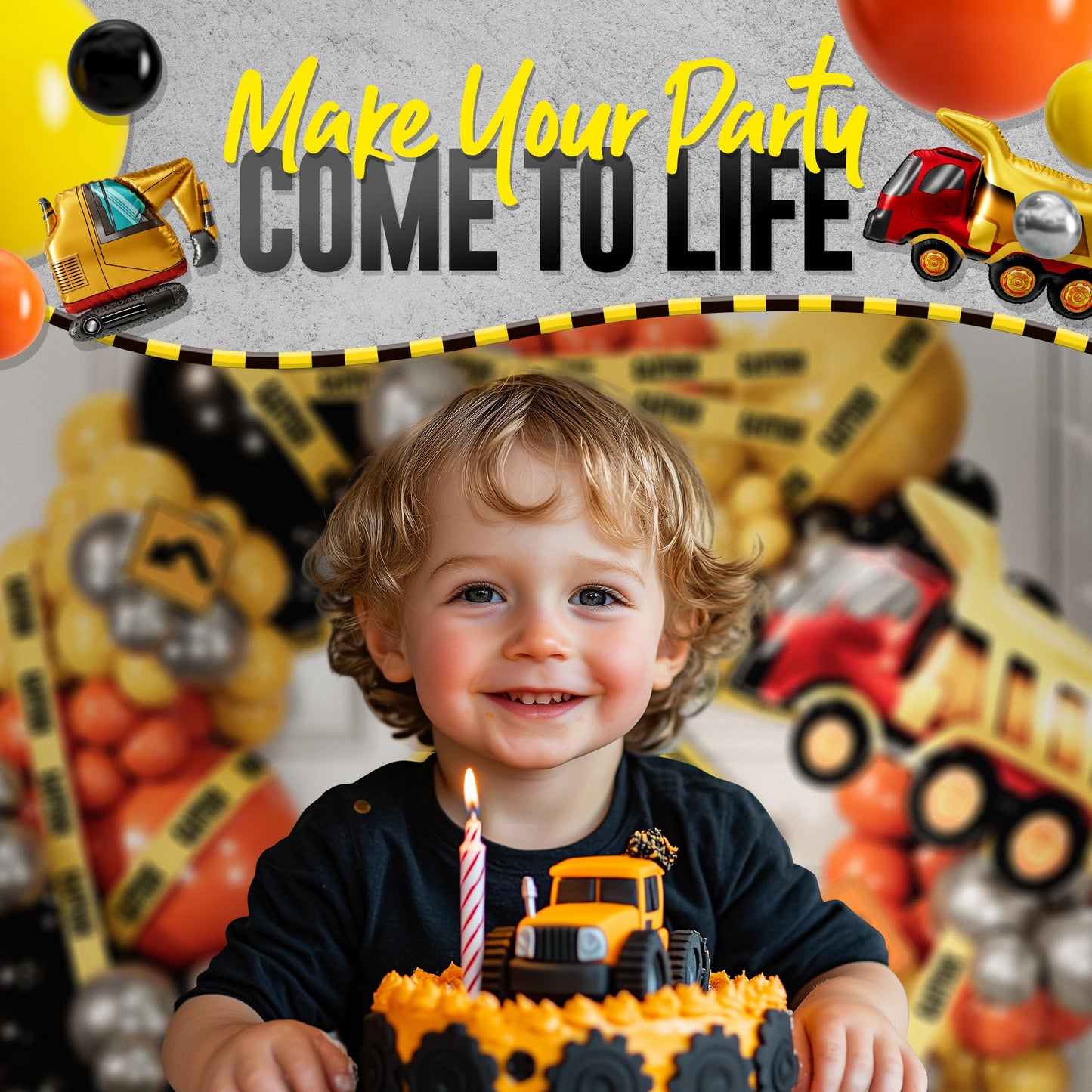 ALL-IN-1 Construction Balloon Arch Kit with BONUS Caution Tape & Truck Balloons - Construction Balloons for Excavator Birthday Decorations - Construction Birthday Party Supplies & Decorations