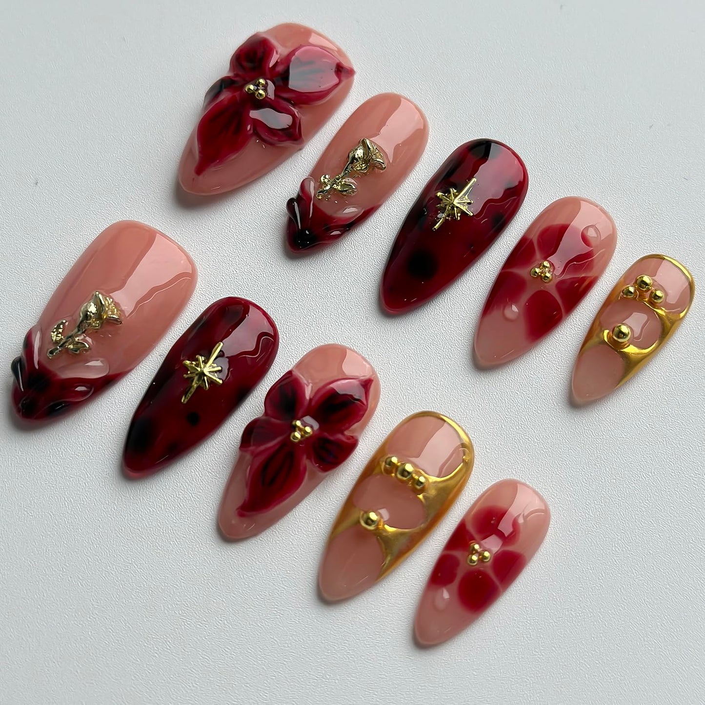 Luxury Press on Nails Medium Almond Handmade 3D Unique Reusable ABS Material Fake Nails French Tip False Nails with Designs Red Floral Glossy Glue on Nail Thick Acrylic Nail(M)