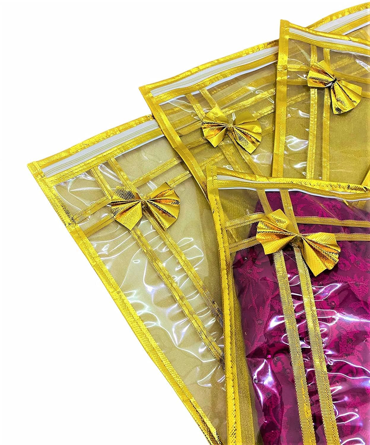 10 piece transparent single Saree/Suit Packing Sari Cover/Bag Organizer with zip for Wardrobe Storage and wedding gifting,dress covers (Golden, Pack of 10)