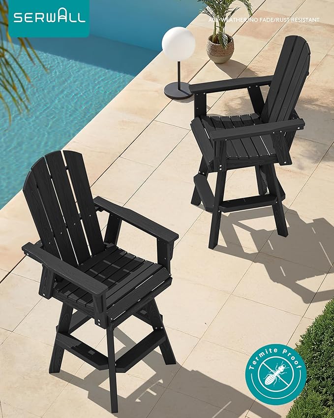 SERWALL Swivel Adirondack Bar Chairs Set of 4, HDPE Outdoor Swivel Barstools Chairs Set of 4 for Bistro, Poolside, Garden, Black
