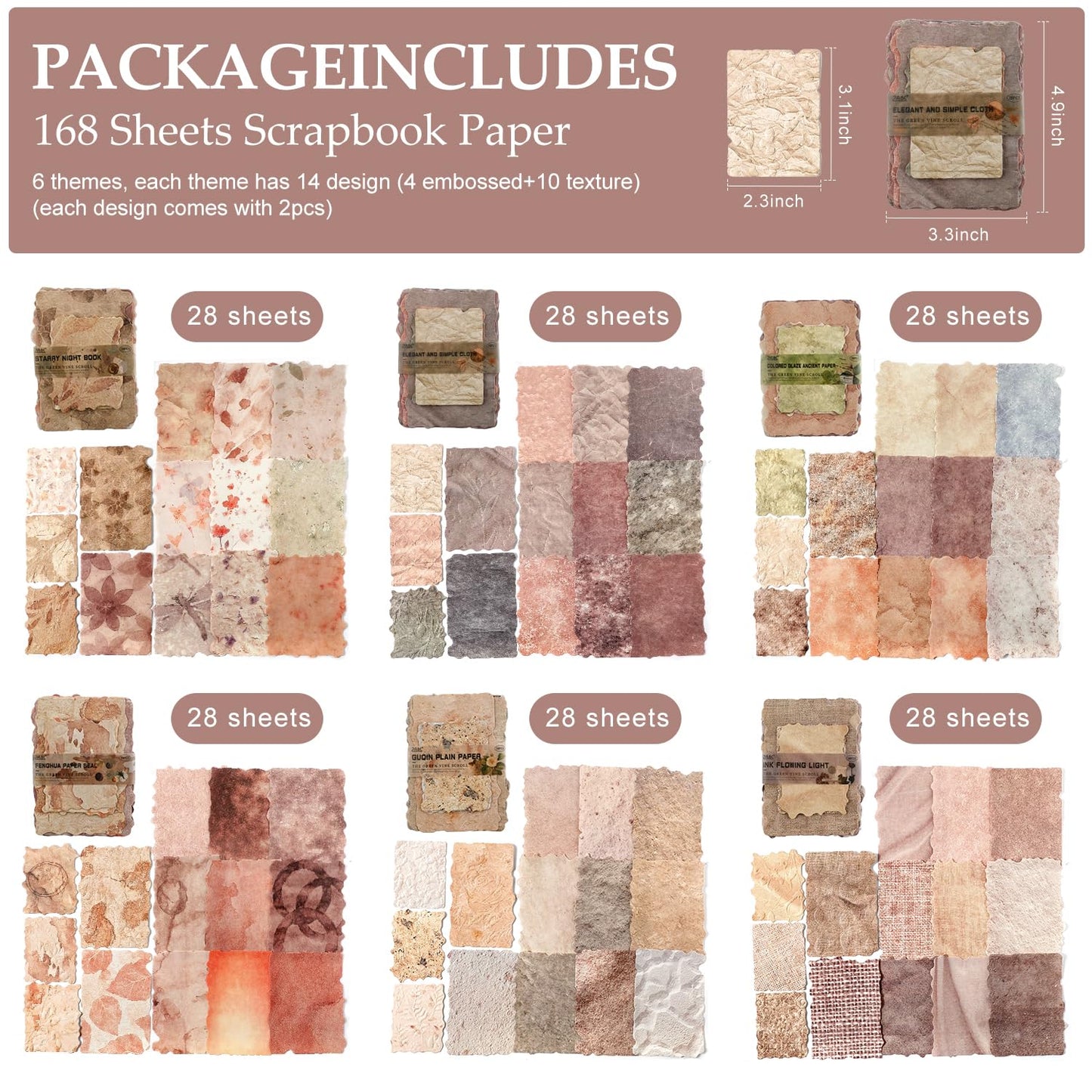 168 Pcs Textured Scrapbook Paper Assorted Set, 6 Pack Embossed Scrapbook Supplies Kit Mixed Special Printed Rice Paper for Scrapbooking Planner Bullet Junk Journal Decoupage Supply Mixed Media Collage