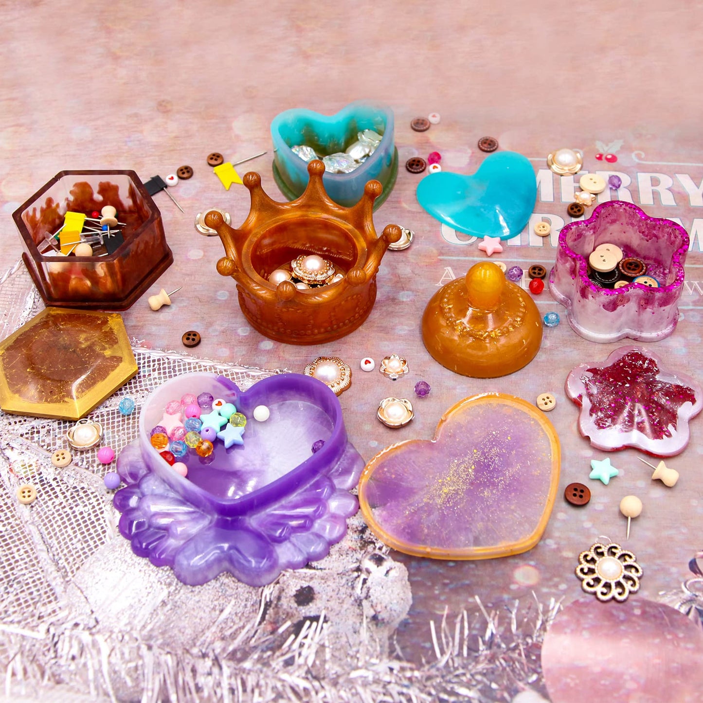 EuTengHao Resin Molds 43Pcs Silicone Molds for Resin, Epoxy Crown Shape Mold Heart Shape Mold with Mica Powder for Storage Box Jewelry Trinket Container DIY Resin Casting Crafts