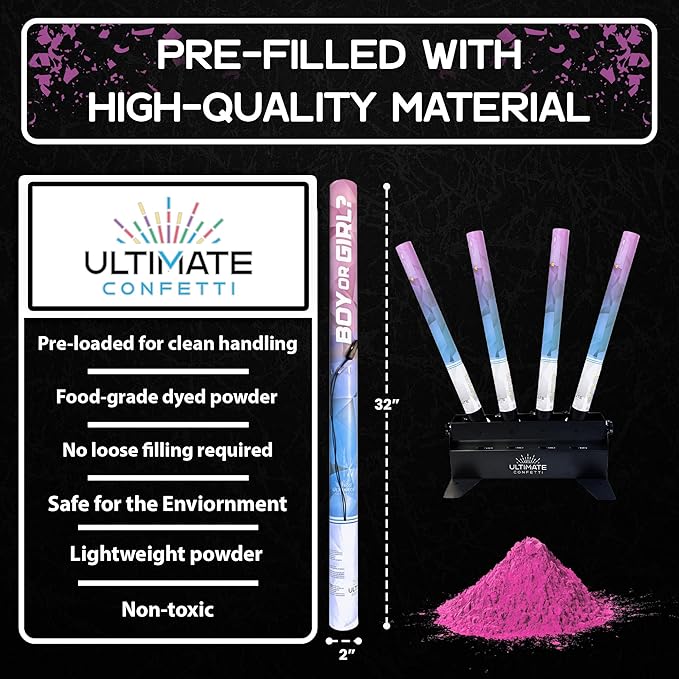 Ultimate Confetti - Electric Pink Powder Cannon Cartridge 32” - Pre-Filled with Food-Grade Powder, Leak-Resistant Gender Reveal Poppers Cannon, Requires EC-1 or EC-4 Confetti Machine to Activate
