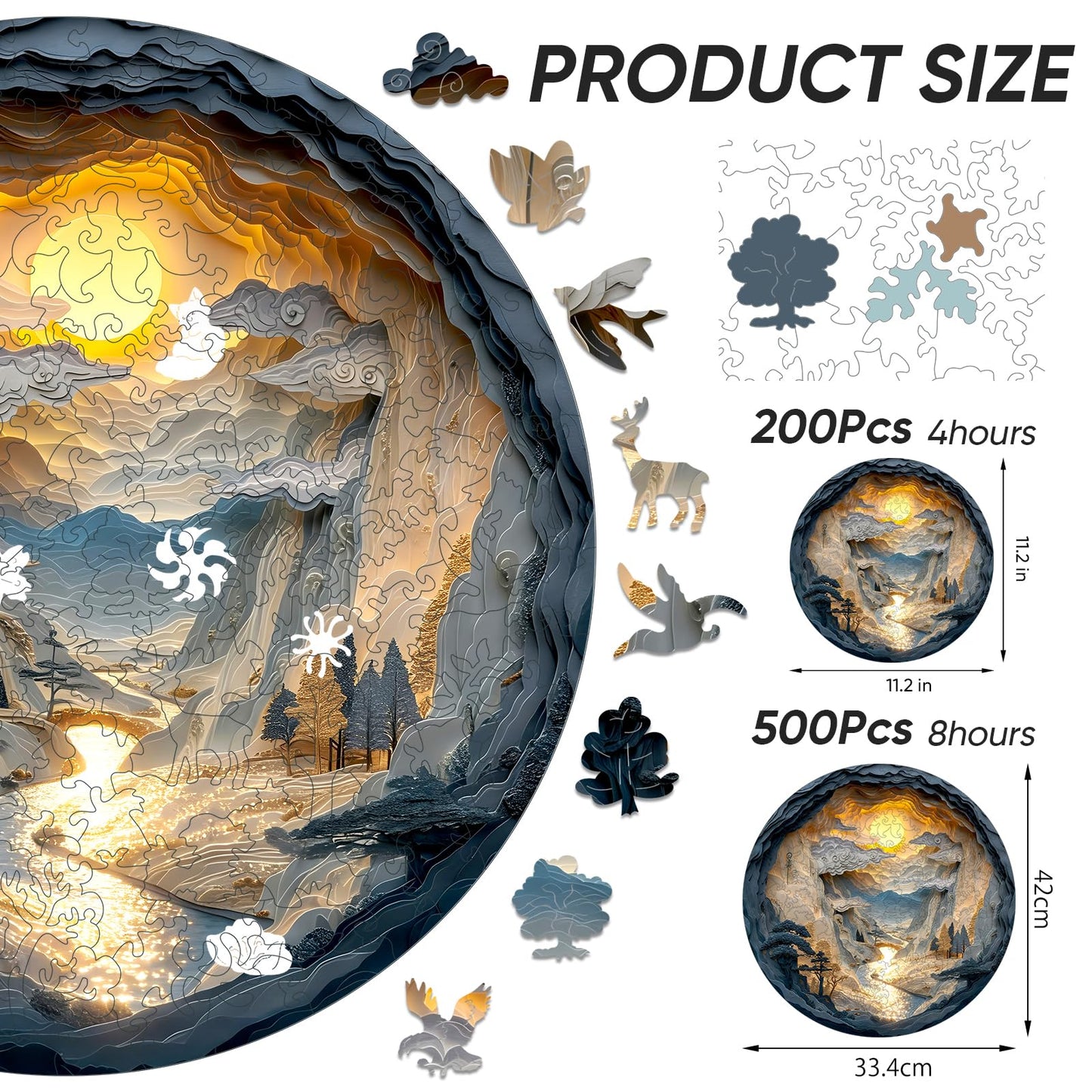 Qiuenisray 3D Vision Effect Sunset Wooden Puzzle 500 Piece, Mountains Rivers Bright Jigsaw Puzzle, FSC Certified Wood Puzzle, Beautiful Wall Decor, Creative Gift Family Game 16.5x16.5 in