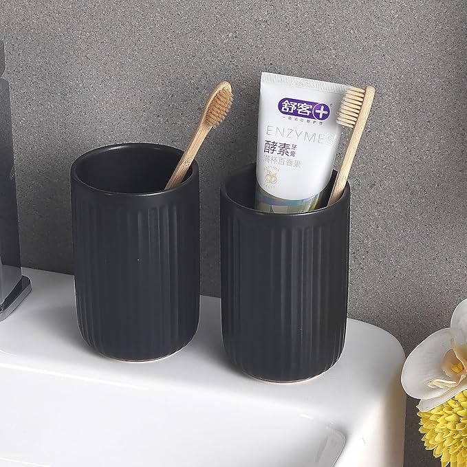 Matte Black Toothbrush Holders for Bathrooms - Ceramic Toothbrush Toothpaste Holders Set, Black Bathroom Tumbler Cups Reusable Toothbrush Cup Black Mouthwash Cup, Bathroom Counter Organizer.