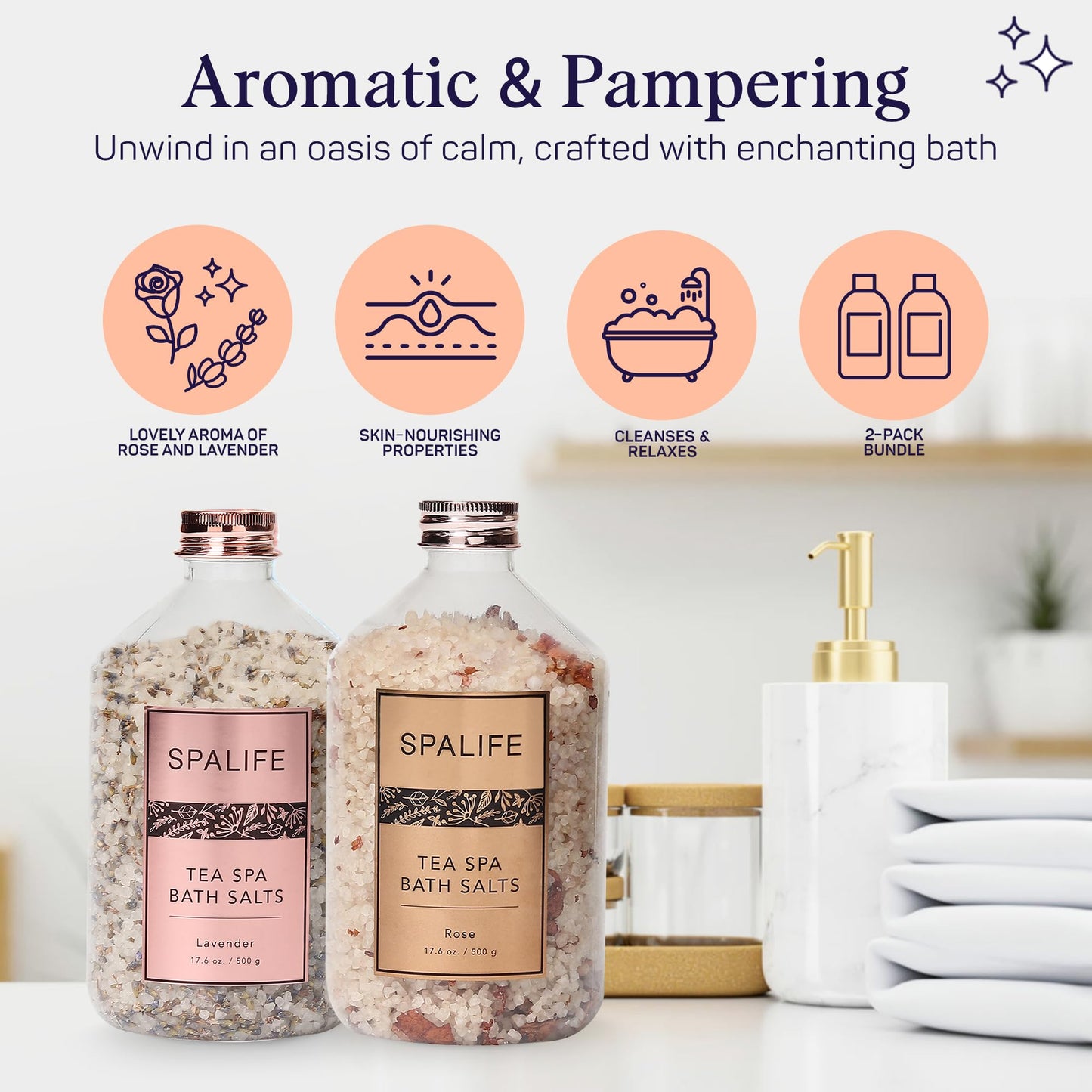 SpaLife Effervescent Rose & Lavender Bath Salts for Women Relaxing | Mothers Day Gifts & Aromatherapy Dead Sea Salt Bath Soak Duo | Real Flower Petals for Relaxing Mineral Baths | 2-Pack (35.2 oz)