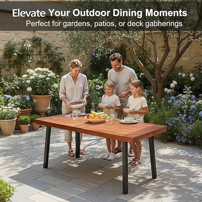 VINGLI 69 Inch Wood Dining Table with Iron Legs, 6-Person Indoor Outdoor Patio Garden Table, All-Weather Rustic Farmhouse Kitchen Table