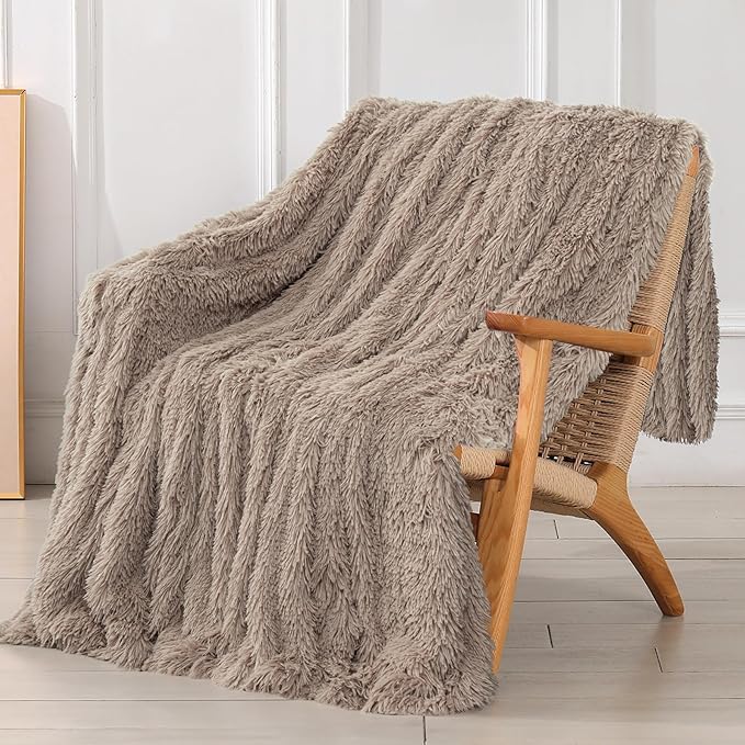 Tuddrom Decorative Extra Soft Faux Fur Throw Blanket 50"x60",Solid Reversible Fuzzy Lightweight Long Hair Shaggy Blanket,Fluffy Cozy Plush Fleece Comfy Microfiber Blanket for Couch Sofa Bed,Khaki