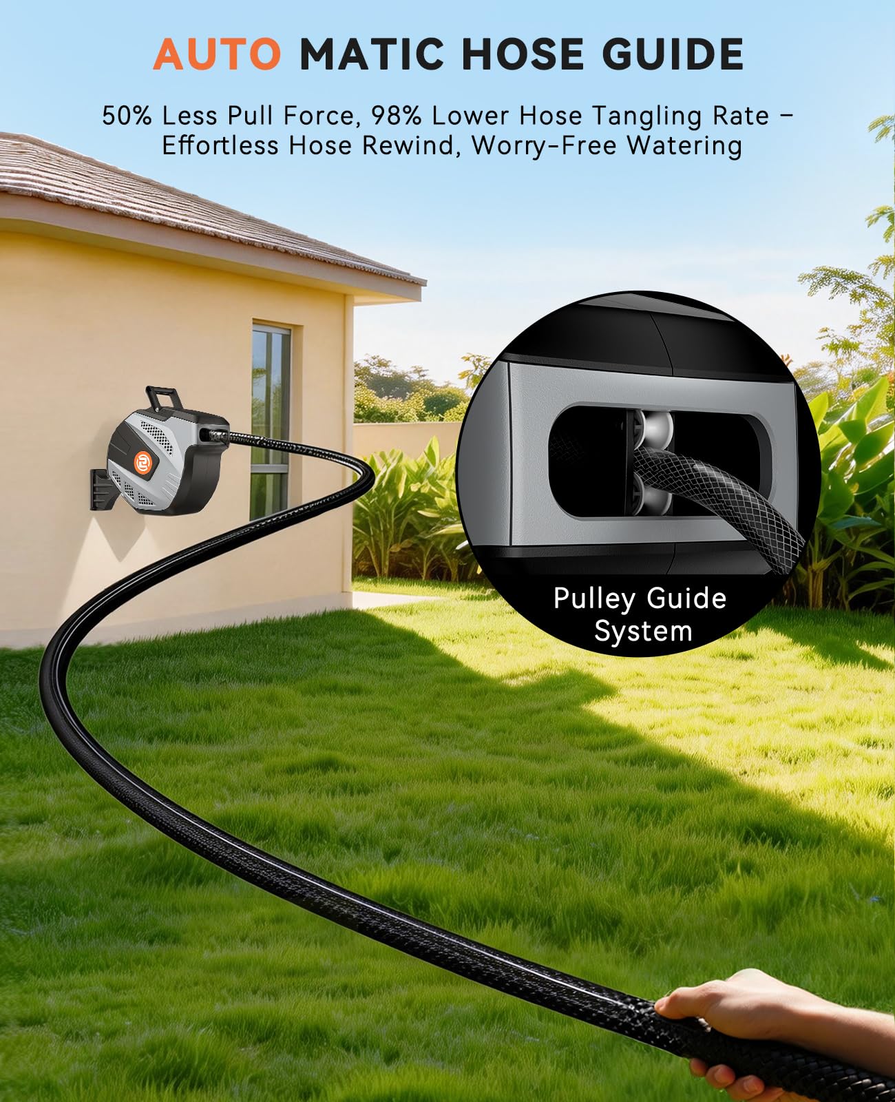 SUNPOW Retractable Garden Hose Reel - 1/2 inch x 115ft Heavy Duty Wall Mounted Hose Reel with 3/4 inch Brass Fitting & 10 Sprayer Nozzle - Any Length Lock, Auto Rewind System, 180°Swivel Bracket- Grey