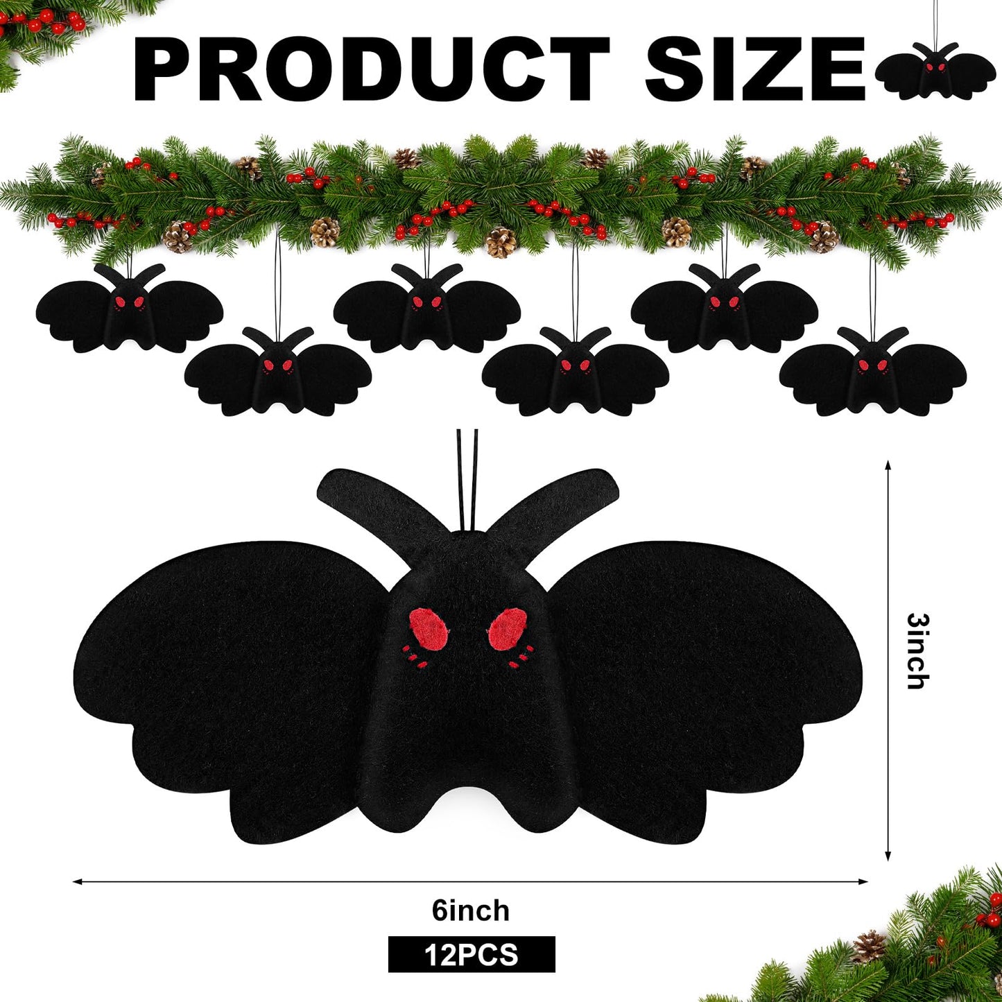 Jenaai 12 Pcs Mothman Christmas Tree Ornament Creepy Goth Stuffed Mothman Animals Decoration Dark Theme Bat Shape for Xmas Tree Fireplace Hanging Home Ornaments Party Gifts
