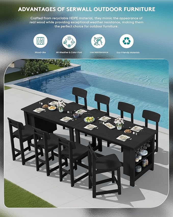SERWALL 8-Piece Counter Height DiningTable Sets with Storage and Wine Rack, HDPE 2 Rectangular Bar Table with Bar Stools Set of 6 for Garden, Backyard, Kitchen, Black