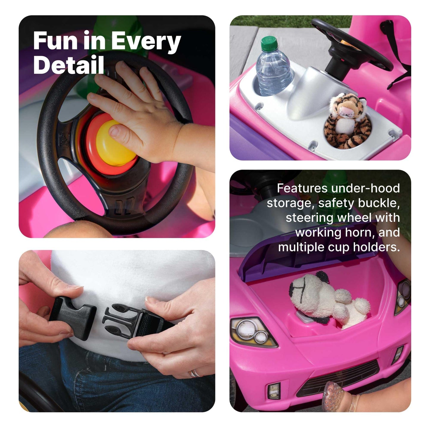 Step2 Whisper Ride II Kids Push Cars, Ride On Car, Seat Belt, Horn, Toddlers Ages 1.5 – 4 Years Old, Max Weight 50 lbs., Quick Storage, Stroller Substitute, Pink