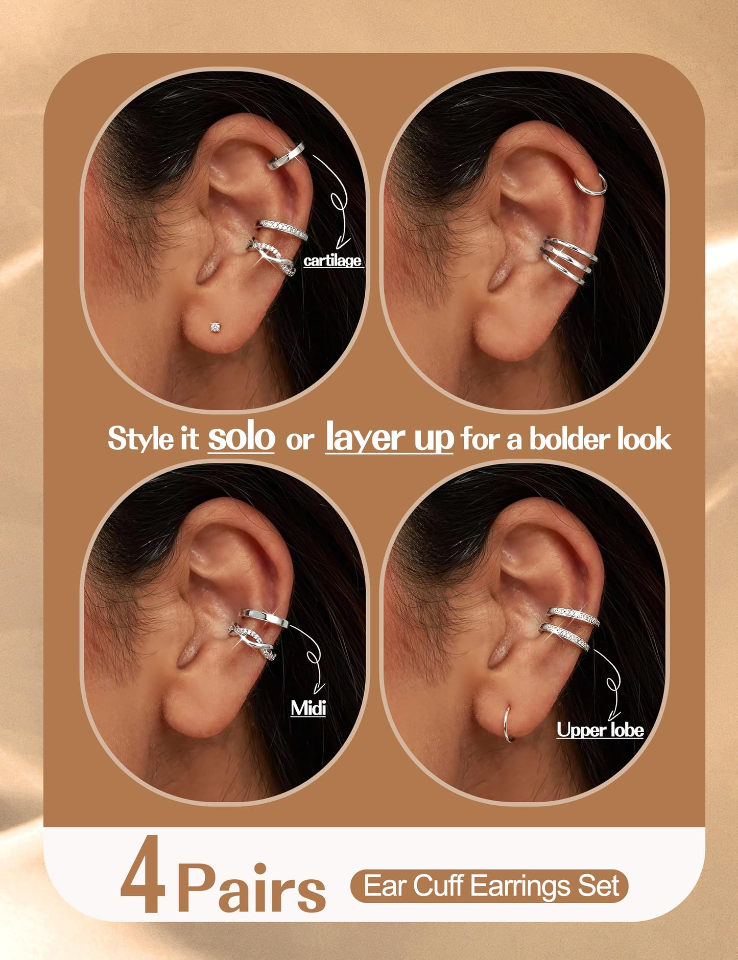 4 Pairs Ear Cuffs Non Piercing - Silver Plated Ear Cuffs Earrings for Women Trendy Ear Cuff for Non Pierced Ears Clip On Carrtilage Earring Lightweight Adjustable Fake Earrings Set Classic