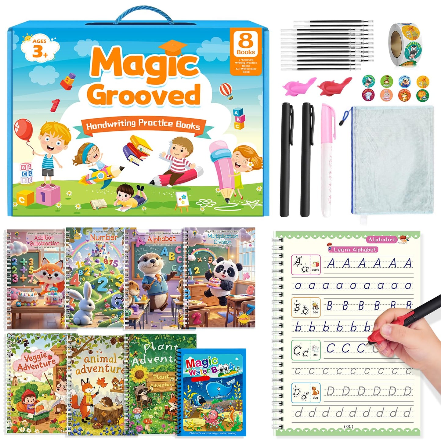 EFCRBS Magic Grooved Writing Practice Books for Kids 3-8, Reusable Grooved Handwriting Books-Letters Numbers Math Painting-Preschool Learning Activities-Birthday Gifts for 3 4 5 6 7 8 Years Old