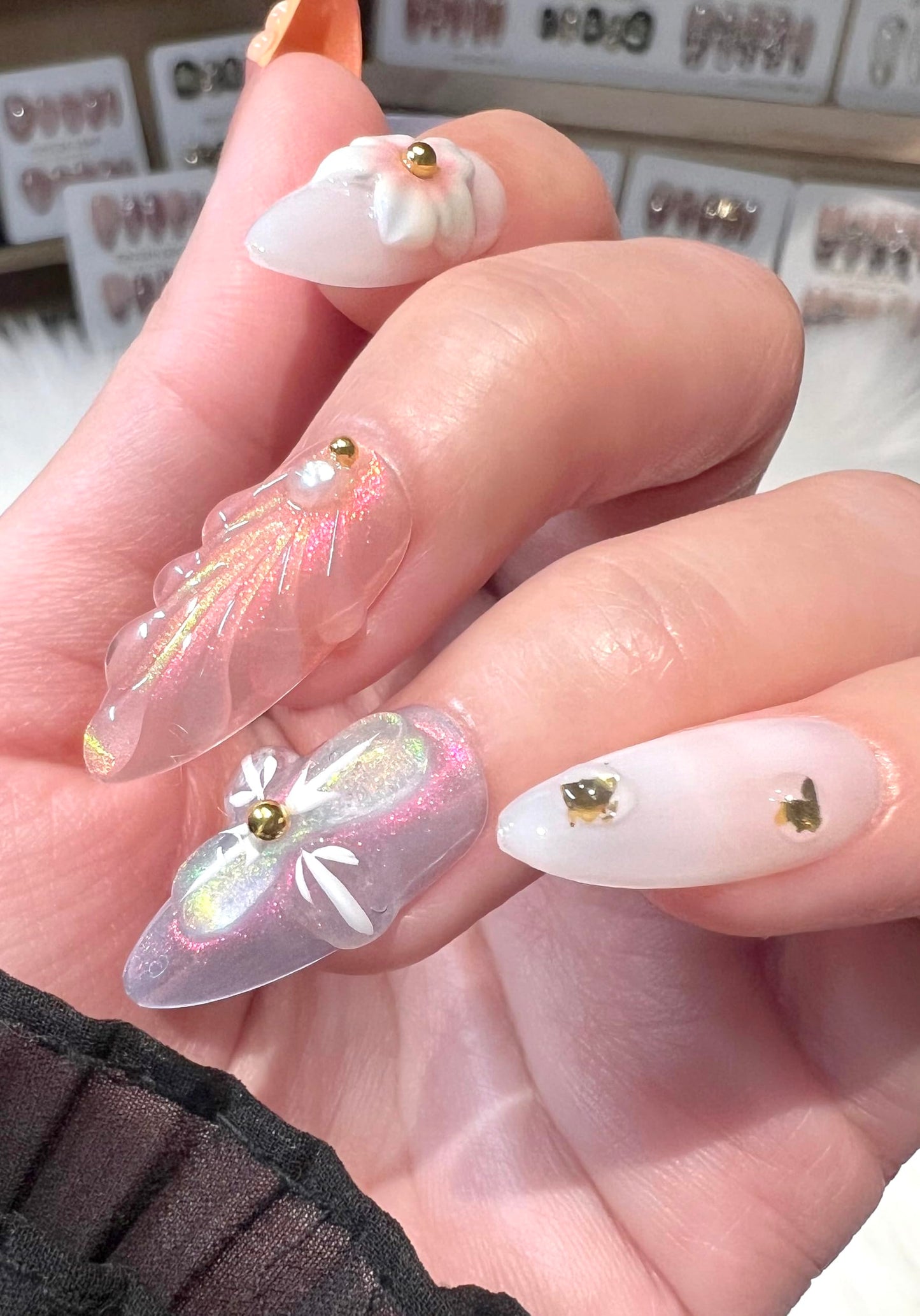 Handmade Press On Nails impress Fake Nails Medium Almond 3D Sea Shell Summer Cute beach nails Butterfly Finger Manicure glue False press ons Nail Artificial (S size)