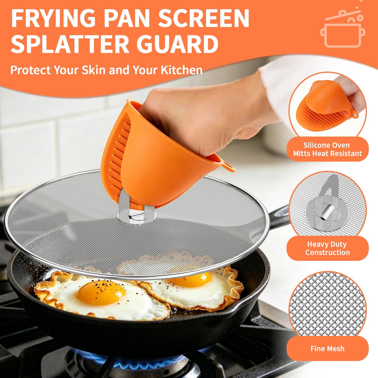 SHAOKAOLU Splatter Screen for Frying Pan Set, 3 Pack (10", 11.5", 13") Stainless Steel Grease Splatter Guard with Foldable Handle, Fine Mesh Oil Splash Screen with Silicone Oven Mitts, Dishwasher Safe