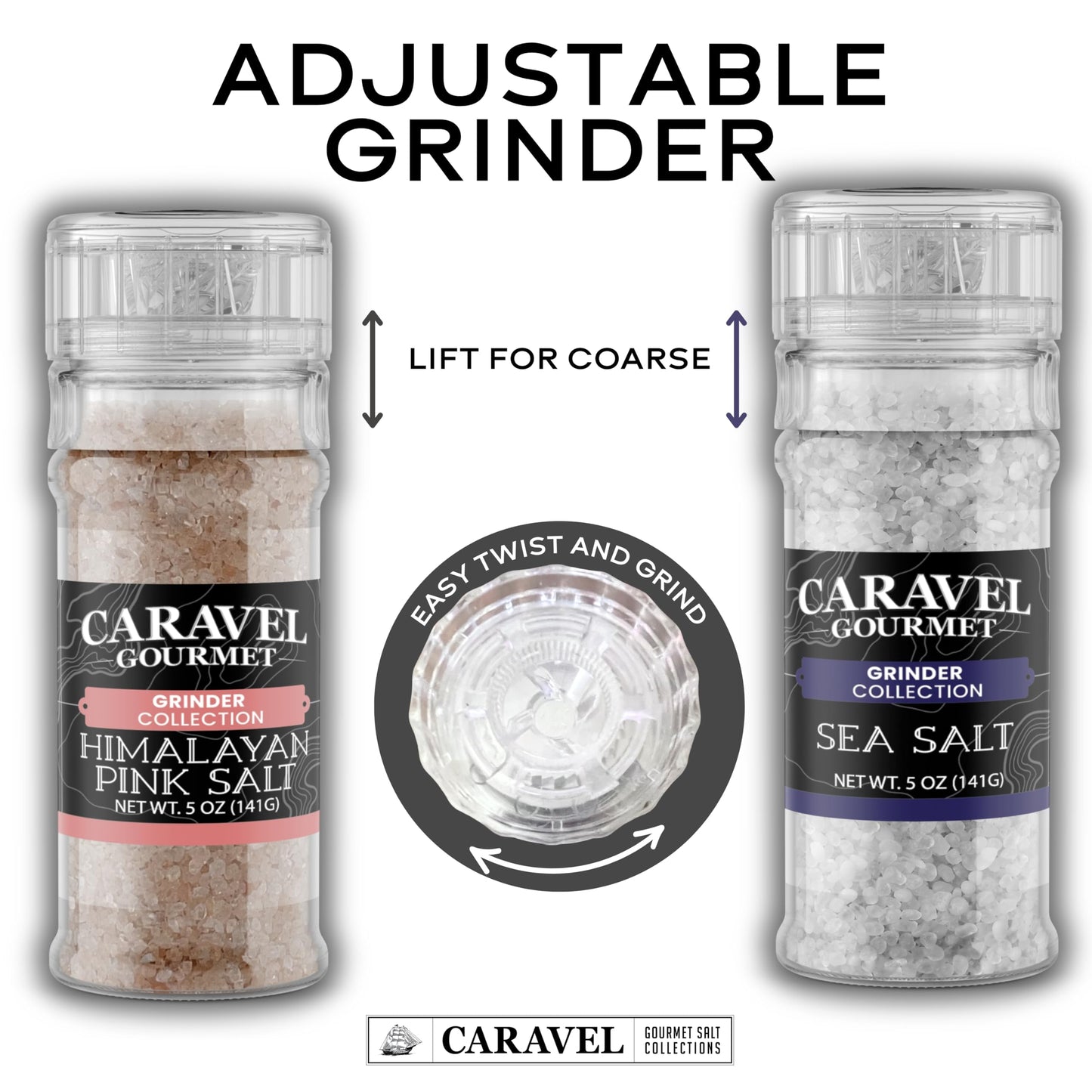 Sea Salt and Himalayan Pink Salt Grinder Bundle for Seasoning, Finishing, and Cooking – 5 oz Adjustable Grinders for Fine and Coarse Grinds – Caravel Gourmet
